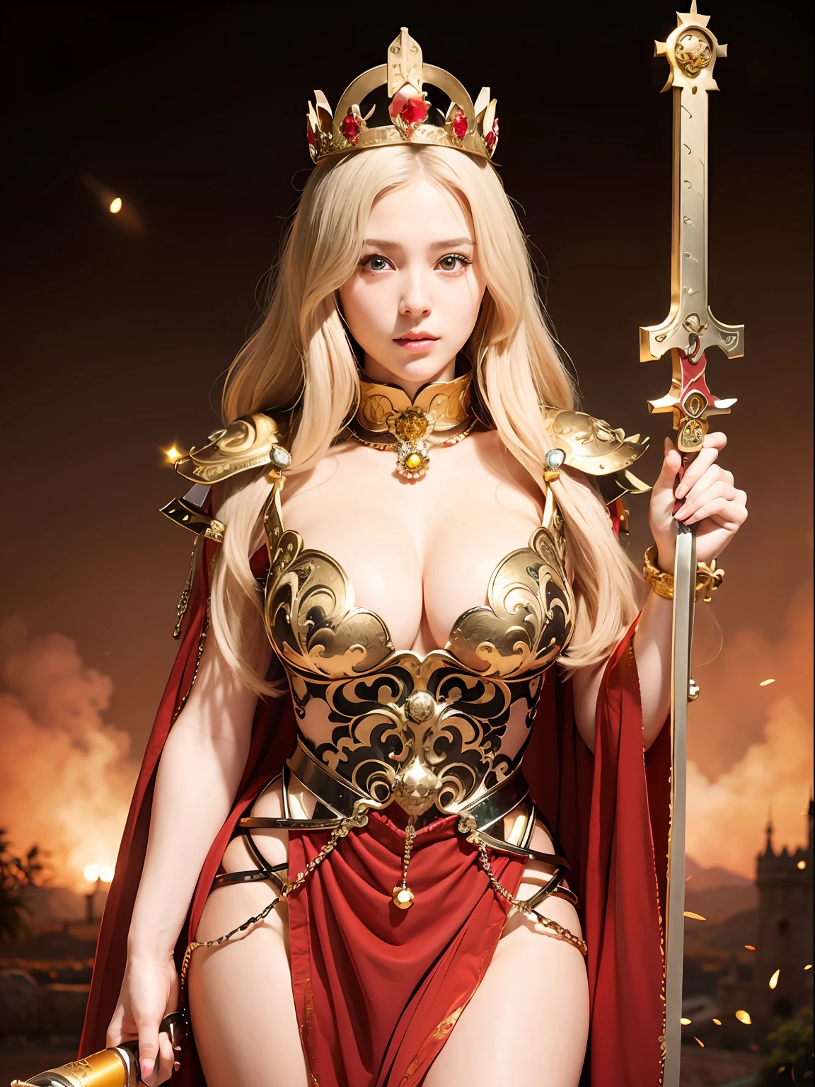 (masutepiece), Professional , ​masterpiece、top-quality、photos realistic , depth of fields （Gemstone Silver Metal Body:1.９),Background inside the castle、(Matte Red、Jewel Gold Weapon（Jewel Metal Body:1.４),Young 20 year old girl、（Gorgeous metal weapons） , Detailed Sword of the Brave , Beautiful knife   ,warhammer 40k , adepta sororitas,(a blond),Detail and ornate jewel crown、Golden hair、Gangle's forest background、Beautiful Caucasian beauty、１a person、dynamic ungle,(((Detailed and ornate diamond crown)))、Smaller head、A smile、Powerful poses、Background inside the castle、Thin and beautiful female hands、Old ancient ruins、A smile、cleavage of the breast、