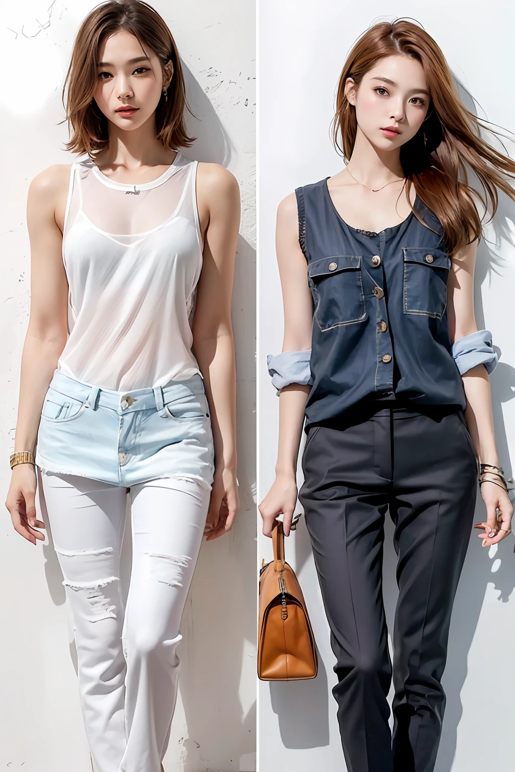 (Detailed Full Body RAW Pictures of Women: 1.5), ((masutepiece, of the highest quality, High Definition)), 1 cool woman, (Photorealistic: 1.4), Solo, Pure white background, Cool makeup, (Tight outer boulevard hair, Dark brown hair color: 1.4), (Cool Summer Fashion, Ginger style、Tank Tops、vests、Work pants: 1.2)