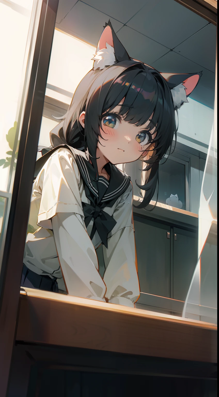 one-girl,Cat ears,sitted,Ultra-clear,JK school uniform,natural soft light,Ray traching,adolable,Sell moe,frontage