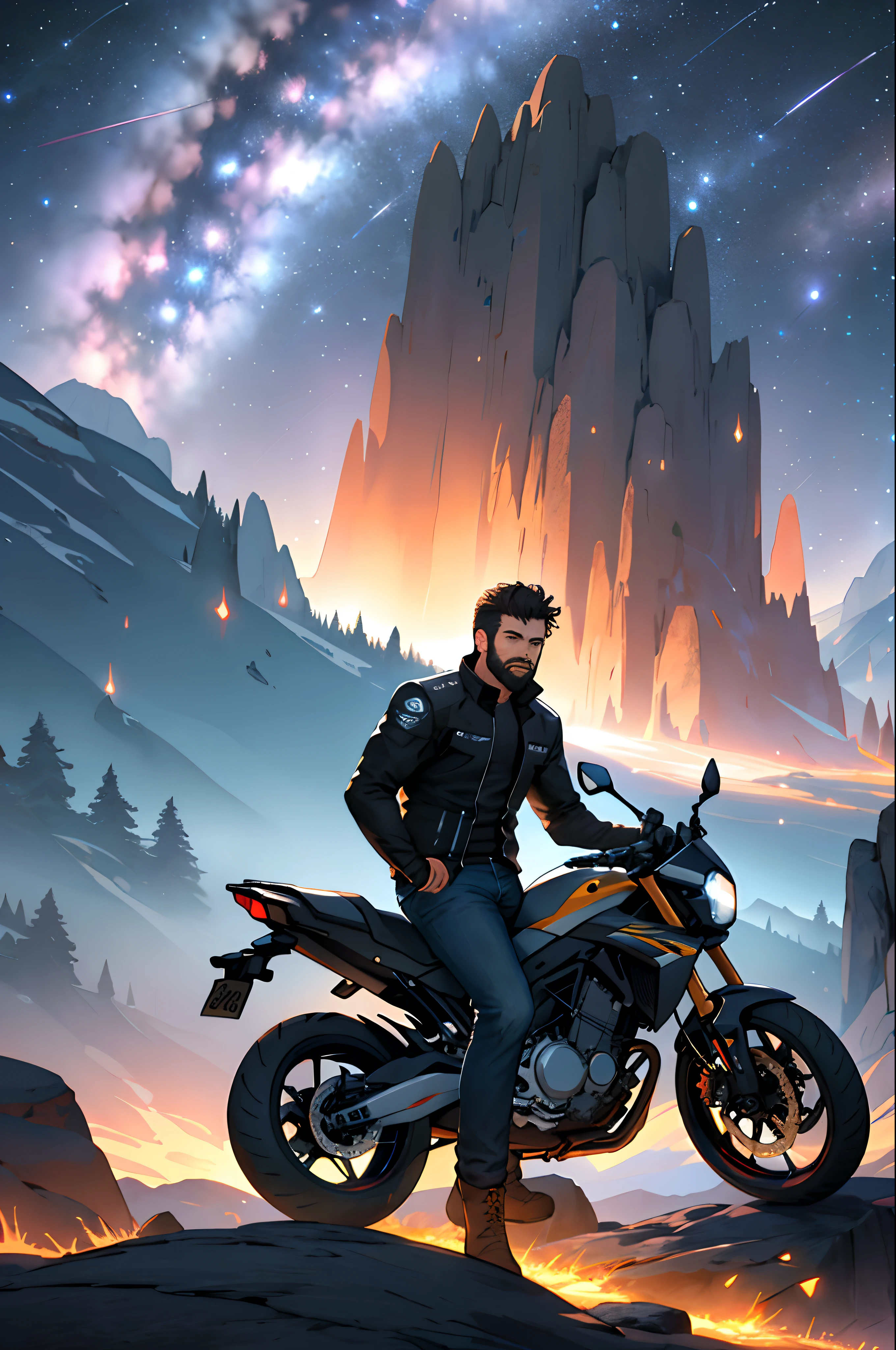 Motorcycle rider at the top of mountain, sillhoute,  500mm lens, 4k, hyper realistic, dawn light in the background, rugged mountains, beautiful scenery, artistic, birds eye view, surrounded by several asteroids glowing with fiery auras. Dramatic lighting from distant stars and planets illuminates the scene, casting deep shadows on the suit. The young man looks confident and determined, looking at the vast and mysterious universe with wonder and respect,facial hair, cowboy shot,