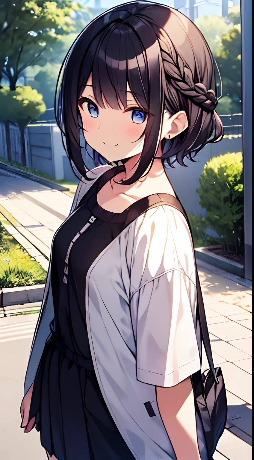 masutepiece, Best Quality,Illustration, Wallpaper, Ultra Detail, 1girl in,Solo,Beautiful detailed eyes,Very thick contour lines、Medium Short-Cut Hair、Short, Braided hair、(student clothes)、Dark hair color、a serene smile、Walking next door、Kamimei、Overlooking angle:1.2、small head