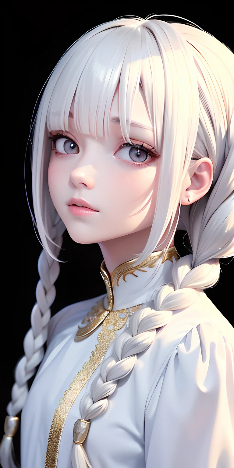 best quality, masterpiece,white hair, gold eyes,white clothes, looking up, upper body,hair strand,Fair skin,side braids