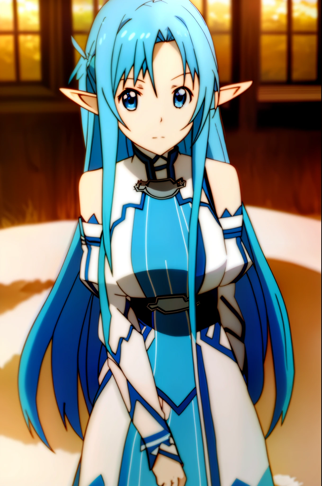 asuna alfheim, 1girl, solo, long hair, blue hair, blue eyes, skirt, blue thighhighs, pointy ears, upper body, looking at viewer, sitting, bed, indoor, masterpiece, high detailed illustration, detailed background, realistic lighting, best quality