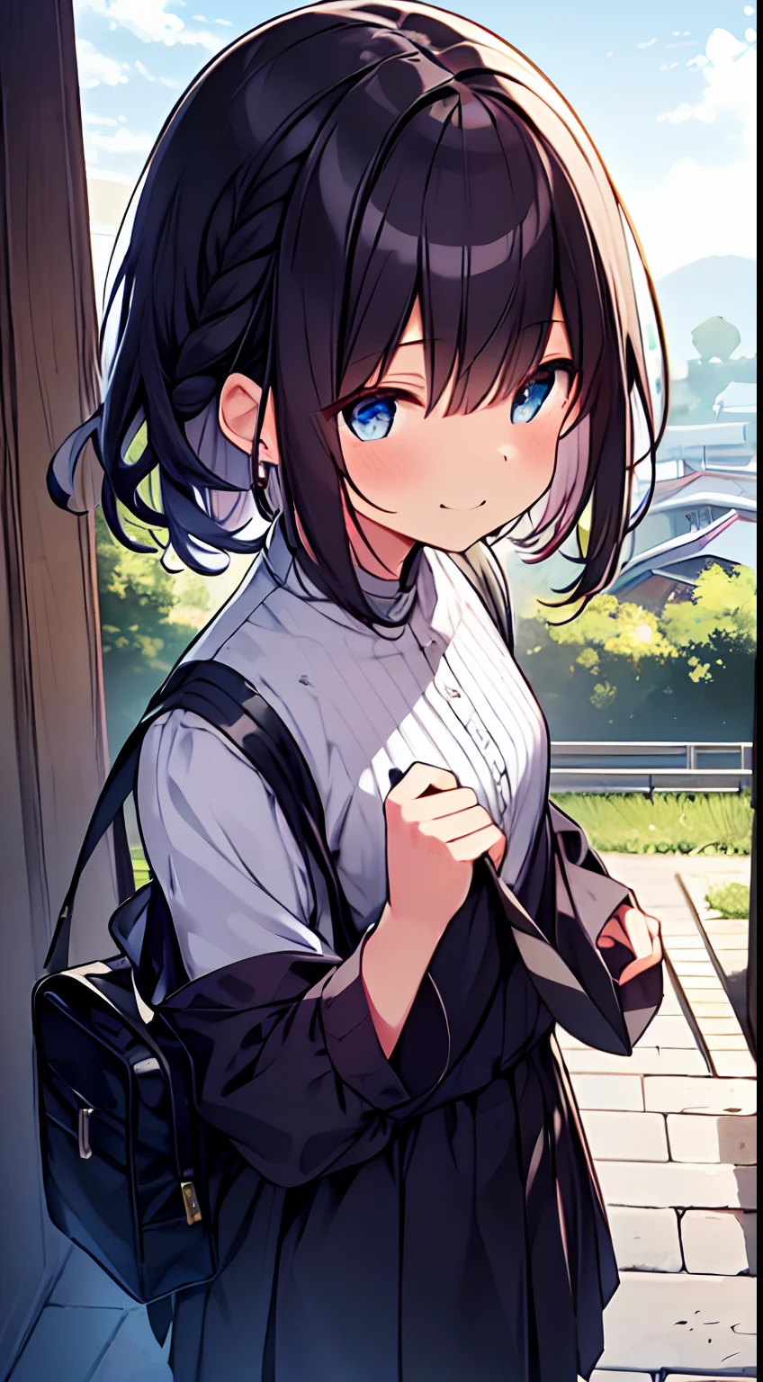 masutepiece, Best Quality,Illustration, Wallpaper, Ultra Detail, 1girl in,Solo,Beautiful detailed eyes,Very thick contour lines、Medium Short-Cut Hair、Short, Braided hair、(student clothes)、Dark hair color、a serene smile、Walking next door、Kamimei、Overlooking angle:1.2、small head