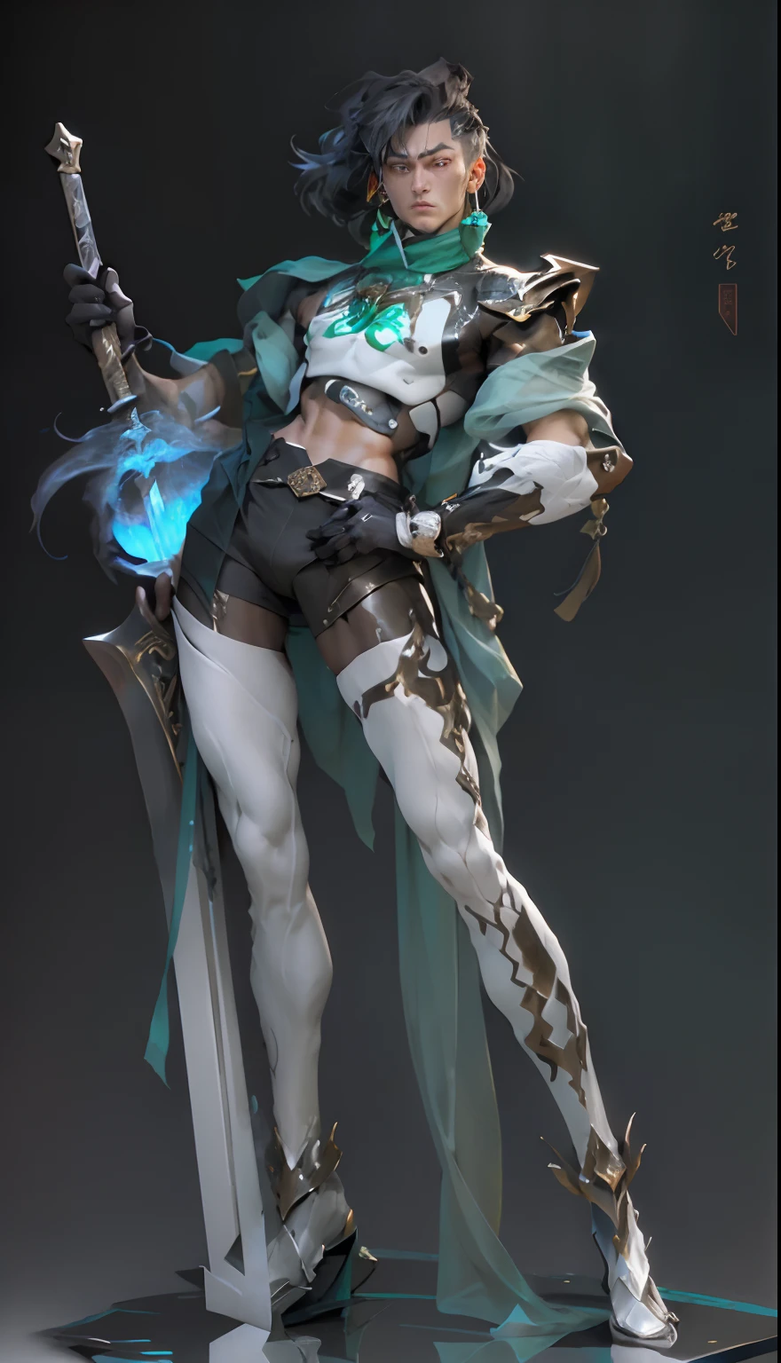 Sculpture design,Figures,GK model,male people,musculous,Wu Yifan,((The whole body of the character)),decor,Expose muscles,(Exquisite base),Wu Shixun,Long sword in hand,Transparent material,White and green,blue colors,Handsome cybernetic boy looking at camera lingerie detailed muscular reality masterpiece,musculous,Blank background
