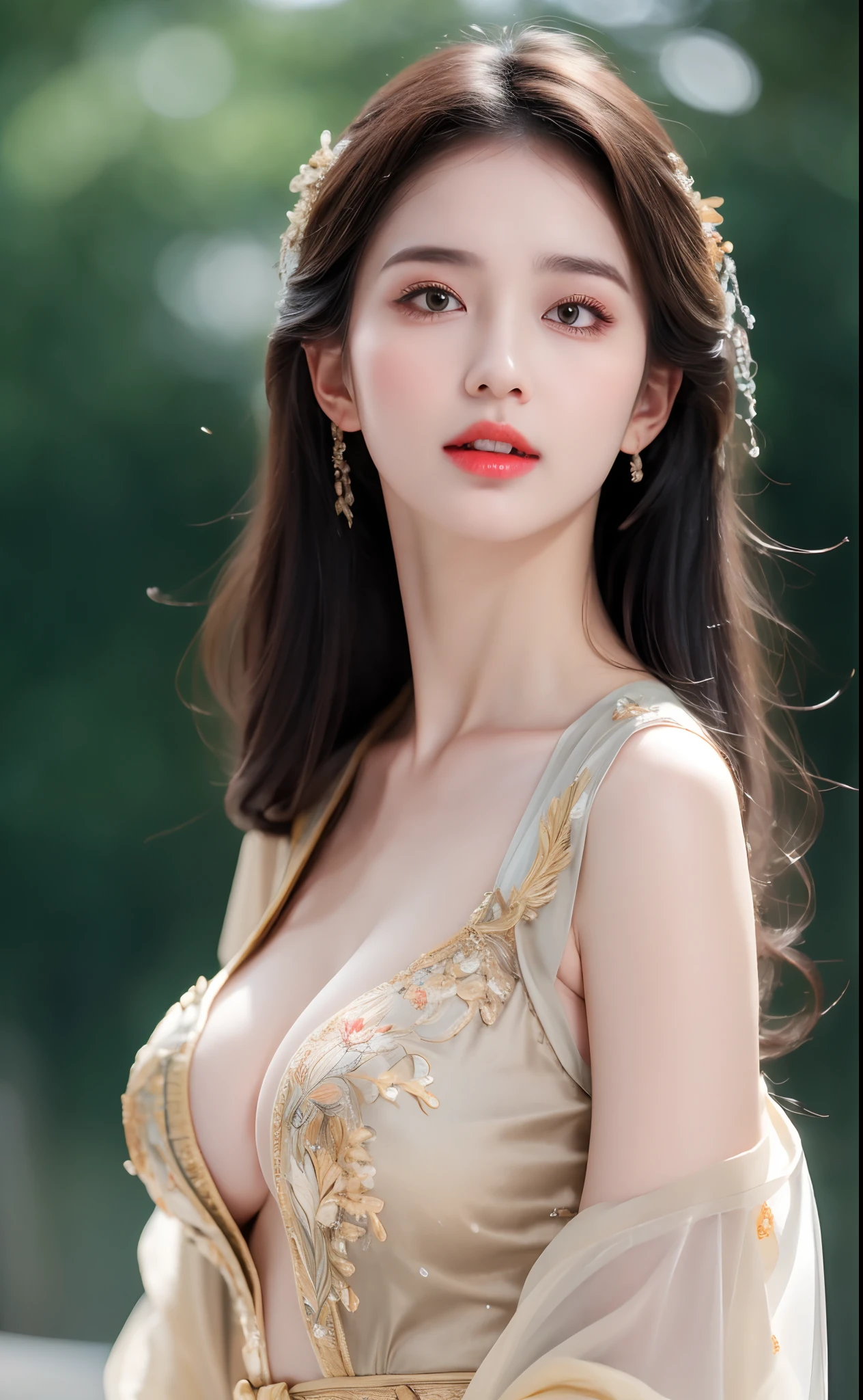 ((Best Quality, 8k, Masterpiece: 1.3)), Focus: 1.2, Perfect Body Beauty: 1.4, Buttocks: 1.2, ((Layered Haircut)), (Wet Clothes: 1.1), (Rain, Street:1.3), (Breasts: 1.2), (Hanfu: 1.2), Bare Shoulders, Bare Legs, Highly Detailed Face and Skin Texture, Fine Eyes, Double Eyelids, Whitened Skin, Long Hair, (Shut Up: 1.5), (Bokeh Background: 1.5), Big Breasts