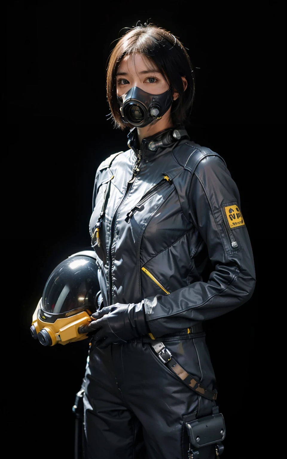 Highest image quality, outstanding details, ultra-high resolution, (realism: 1.4), ((cowboy shot)), the best illustration, favor details, highly condensed 1girl, (cyberpunk, cyborg), a delicate and beautiful face, (short hair), (wearing baggy spacesuit with ring-helmet-disconnecter, attached black and gray mecha, yellow pipes and codes, flanges on spacesuit), (cyberpunk gasmask), (mark radioactivity-hazard-symbol), ((revealed only head)), ((sorrow)), nobody rocket-launcher platform
