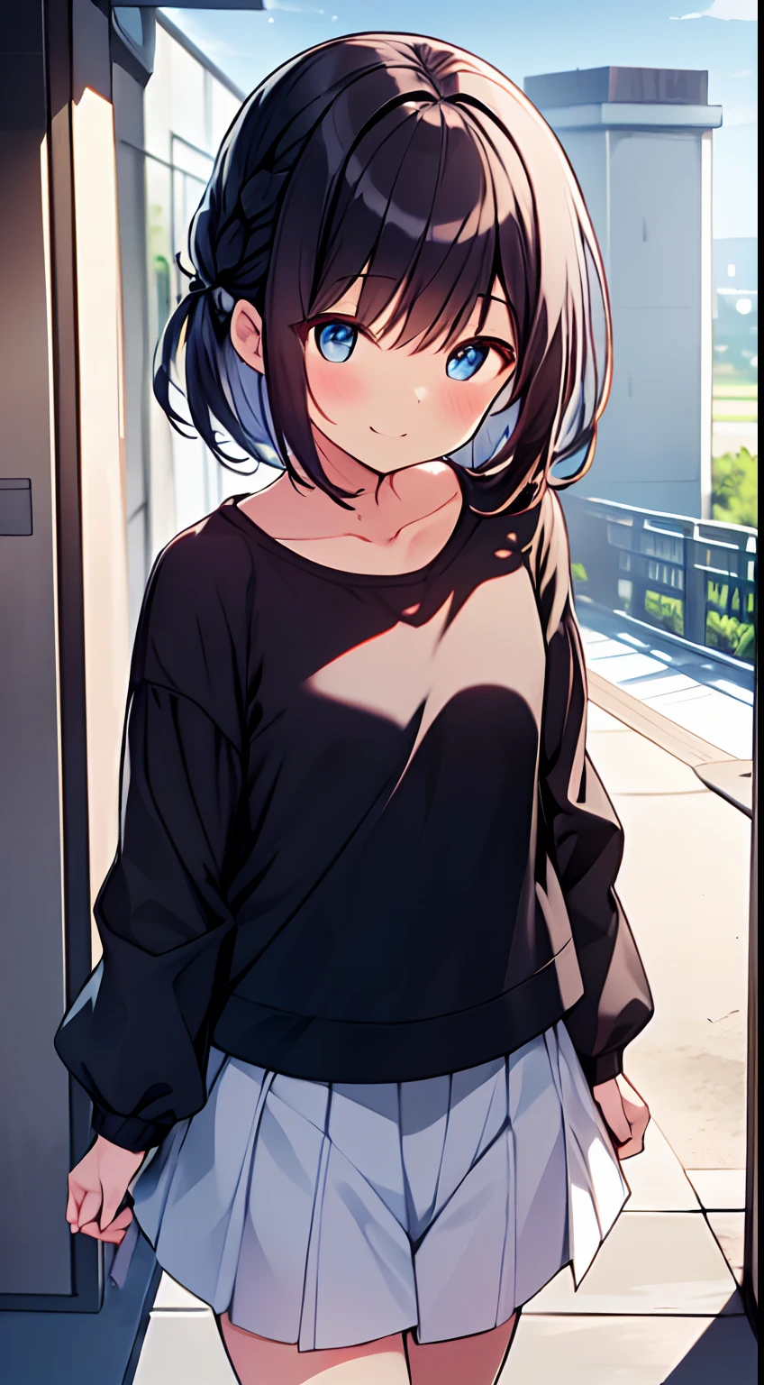 masutepiece, Best Quality,Illustration, Wallpaper, Ultra Detail, 1girl in,Solo,Beautiful detailed eyes,Very thick contour lines、Medium Short-Cut Hair、Short, Braided hair、(student clothes)、Dark hair color、a serene smile、Walking next door、Kamimei、Overlooking angle:1.2、small head