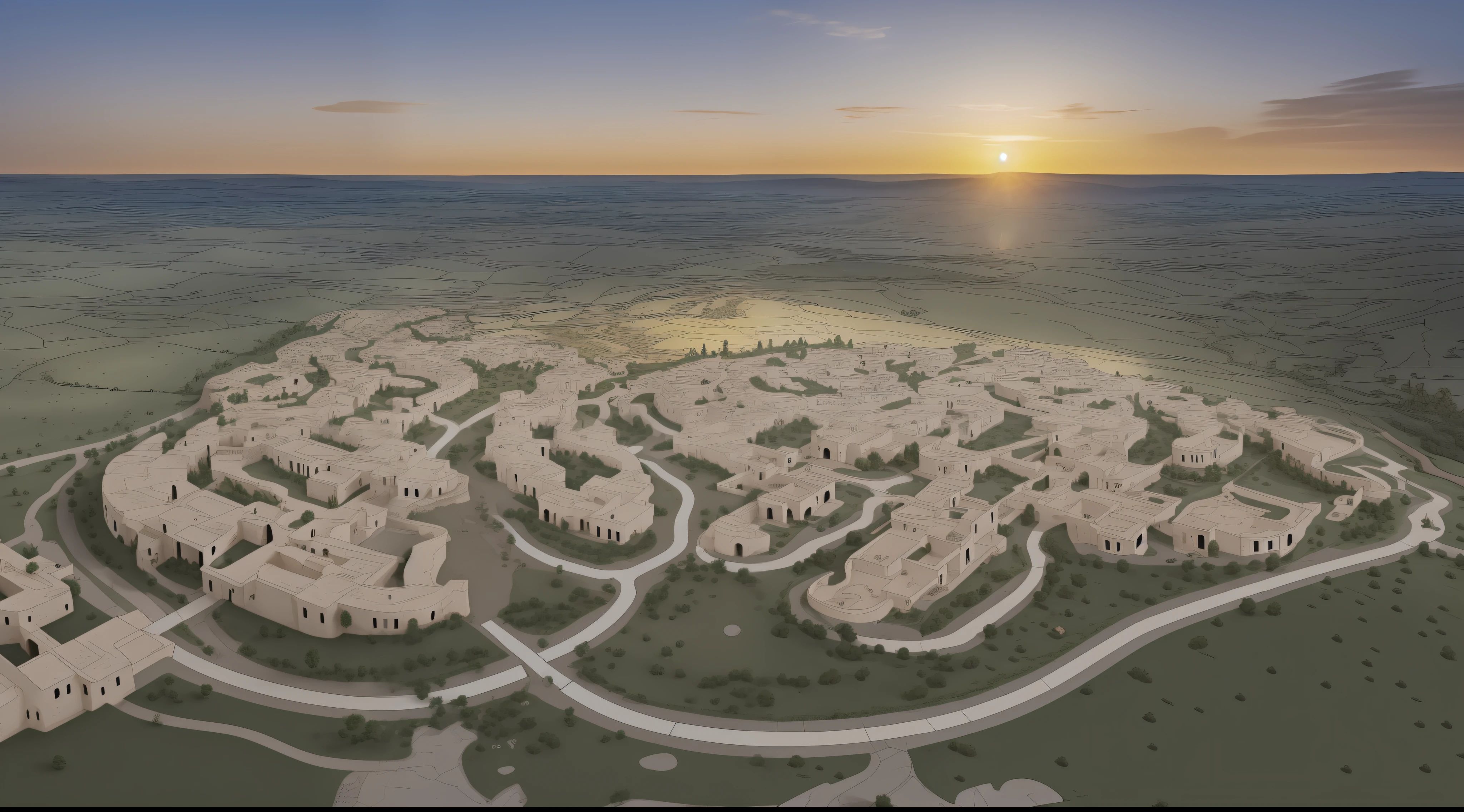 (D&D map style, Ultra detailed,bird's eyes view,flat drawing), (There are clear multiple paths, The road is winding,Separate building,Make up the village), Everything is precise and detailed, Just like the map you're navigating, Watch the village unfold before your eyes, Best quality at best, fantastic composition, Somewhere in the steppe, Traditional stone architecture of Moroccan folklore, A traditional building made of stone with folk characteristics, modernn architecture, Exterior of the villa, The background is a lawn, louka, There is also some woodland, the sunset, Epic detail, Broad perspectives, archviz