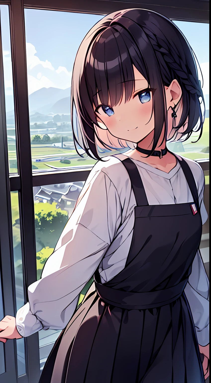 masutepiece, Best Quality,Illustration, Wallpaper, Ultra Detail, 1girl in,Solo,Beautiful detailed eyes,Very thick contour lines、Medium Short-Cut Hair、Short, Braided hair、(student clothes)、Dark hair color、a serene smile、Walking next door、Kamimei、Overlooking angle:1.2、small head