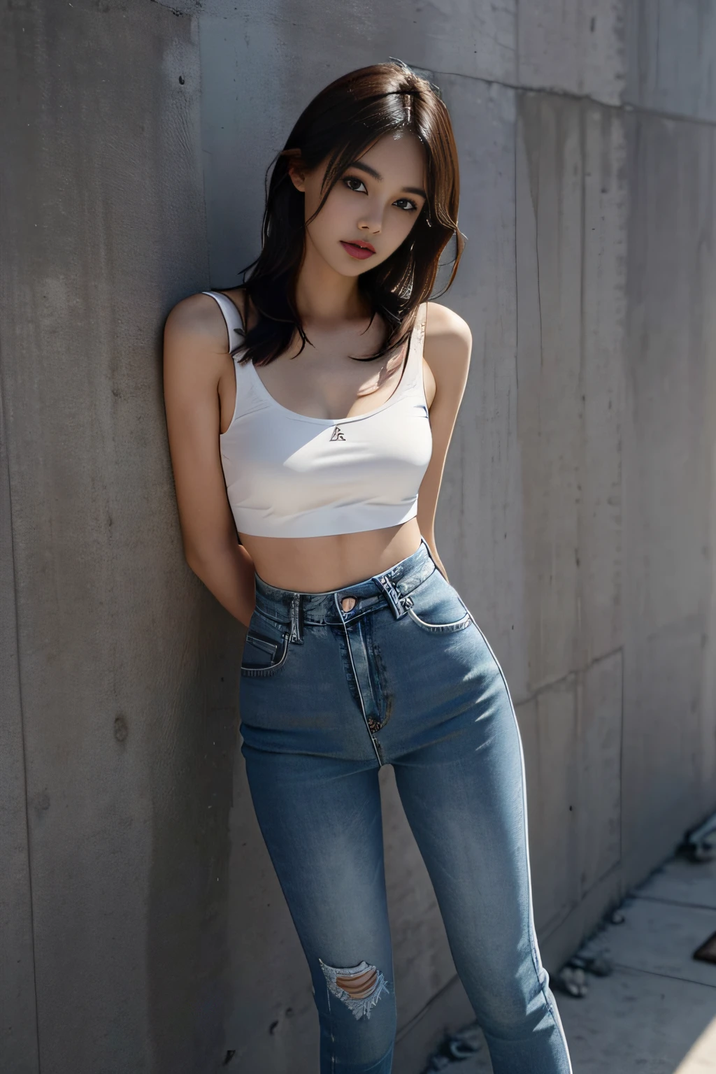 raw photo, 8k, (top-quality), Realistic, (real picture, Intricate details), (natural skin texture, detailed skin, hyper realism, sharpness), (Japanese college girl standing in an abandoned apartment building, hands behind head, armpits exposed, showing armpits), ((white tight tank top, Distressed denim pants, low rise baggy  pants)), (((Small chest:1.4))), Fair skin, sweaty skin, ((Wavy long hair, One-length hairstyles)), (emwt, neat face, Parted lips), Room being demolished, dusty room, cracked wall, Messy floor, Pile of rubble:1.3, broken window, cracked Window glass, Hard lighting:1.3, sunset light, Full body shot