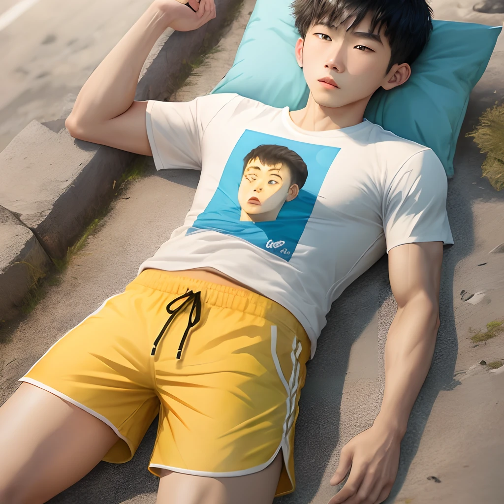 (floating, ultra-detailed CG artwork, masterpiece), best quality, realistic depiction, depicts a scene of a "Myanmar lazy boy" lounging comfortably in his surroundings. The boy has dreamy eyes and a peaceful expression on