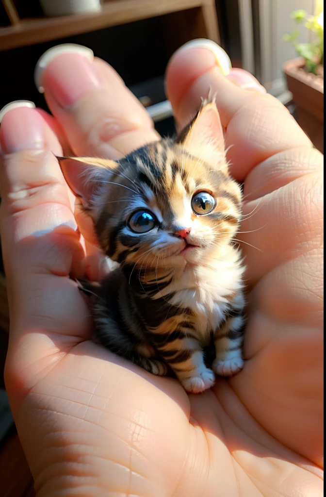 A tiny 1 cm kitten, true to life，A mini kitten that fits in the palm of your hand。