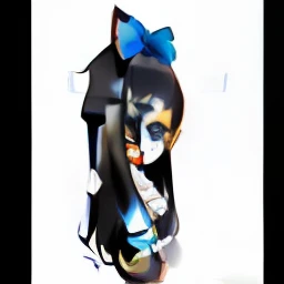 cartoon girl with long black hair and blue bow in white outfit, anime moe artstyle, anime chibi, chibi, nekomimi, in an anime style, chibi anime girl, in anime style, cute!! chibi!!! catgirl, cute anime catgirl, flat anime style, chibi style, mihoyo art style, chibi girl, tsuaii, 2 d anime style
