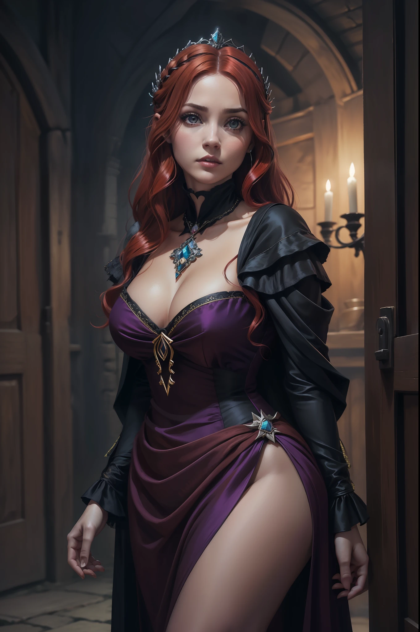 pintura de uma mulher com cabelo cacheado vermelho e um estrangulamento em um vestido preto, Estilo de arte de John Collier, Donzela com cabelo de cobre, estilo de Karol Bak, uma mulher de cabelos cacheados ruiva, Retrato de uma bruxa, No estilo de arte Bowater, Directed by: Roberto Lenkiewicz, Geraldo Brom, Alberto Lynch, Dave Sim, Red-haired woman in a gloomy palace, vestido preto e roxo de veludo usando um kokoshnik, vestido luxuoso purpura , head adornment, Gargantilha de renda, mulher sexy, labios carnudos, seios fartos, corpo escultural, usando um chale negros sobre os ombros com flores roxas bordadas, wearing a head adornment and jewelry on the neck , mulher sexy, barda sedutora, mulher de cabelos cacheados e seios fartos, Princess with malicious and cruel expression, rosto redondo e bonito, mulher gordinha, corpo bonito e gordo, cabelo volumoso e seios fartos, cabelo bonito, jovem e bonita, rosto redondo olhar malicioso, Plump face, rosto de anjo, rosto de querubim, diabolical expression, vestido luxuoso, vestido nobre, vestido de princesa, Plump body, mulher sexy, Cute plump body, olhos perfeitos, rosto lindo e perfeito, rosto perfeito, thick lips, fleshy lips, full pouty lips, juicy lips, vestido elaborado, vestido bonito, vestido de mulher nobre, vestido purpura, vestido elegante, vestido de mulher rica, Princess dress of the Middle Ages, olhos perfeitos, olhos cor de ambar, vestido vitoriano, vestio purpura, vestido roxo, vestido bonito, perfect hands, beautiful hands, vestio purpura, vestido bonito, vestido roxo, rosto delicado, juicy lips, beautifull lips, olhos perfeitos, rosto delicado, rosto redondo bochehcas grandes