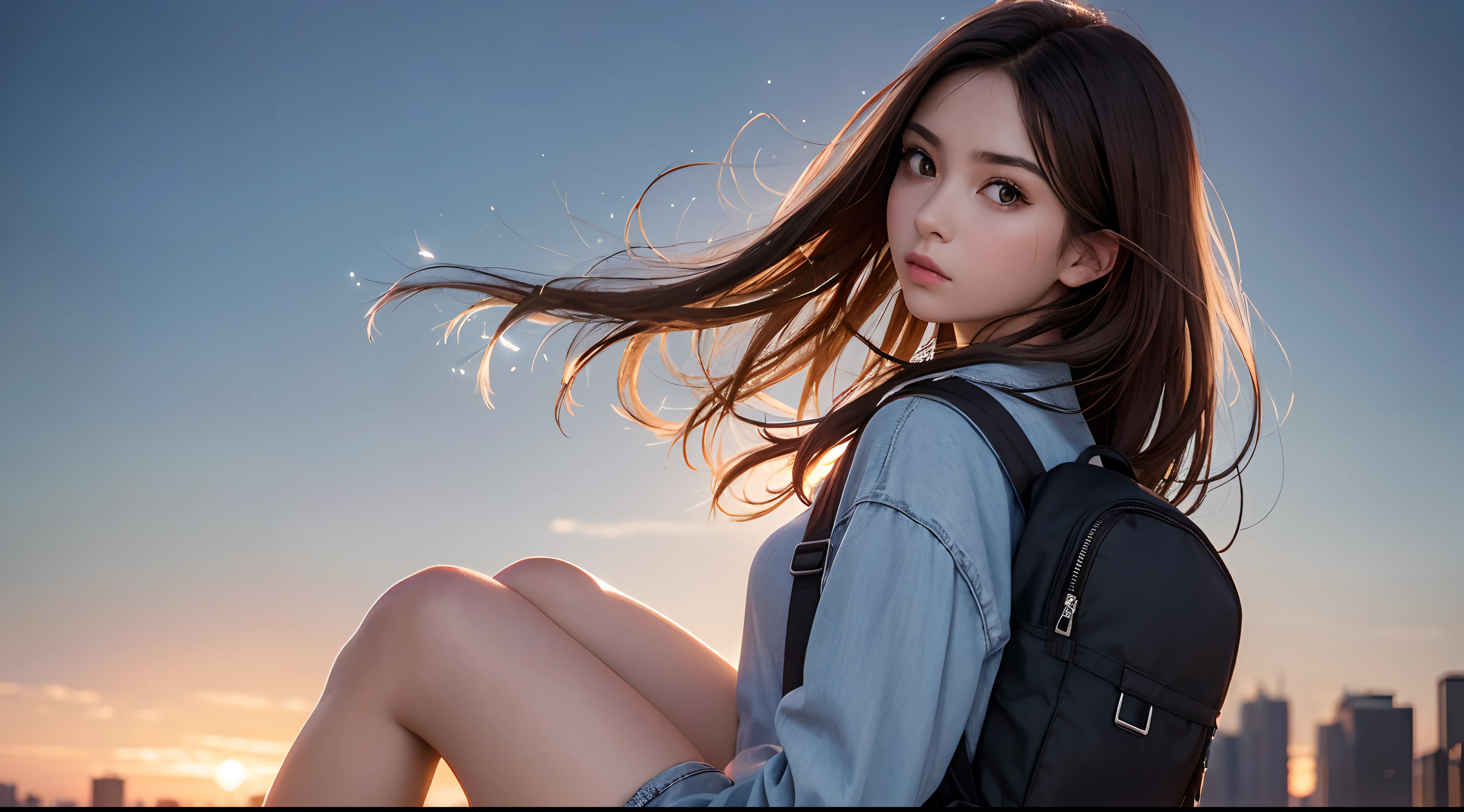 (beautiful and magnificent skyline, majestic sky), (extremely tense and dramatic pictures, moving visual effects), (high hanging Polaris, colorful natural light), (1 prefect cute face girl), (long-sleeved top, denim shorts, carrying a backpack), (dynamic pose:1.3, black eyes, black hime-cut hair, sparkling girl)[:0.8], (large grassland), (oncoming breeze), (brown hair and background Coordination effect: 1.2), (close shot, long shot mix and match)[::0.9]