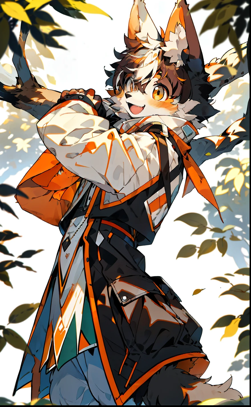 depth of fields,lighting perfect,light particules,(best qualtiy),(tmasterpiece),(ultra - detailed),Sharp focus,light particules,niji,Eyes,Blushlush,brown_Eyes,Looking_at_peeping at the viewer,Smile,Solo,Furry,Animal_Ear_vellus hair,Open_clothes,Bernese Mountain Dog Boy,Arms back,The upper part of the body,Fluffy tail,modern attire,rays of sunshine,The tree,with her mouth open,from below,Arms back,Light orange hair,Black ears,Pale orange eyes,Fat Chubby
