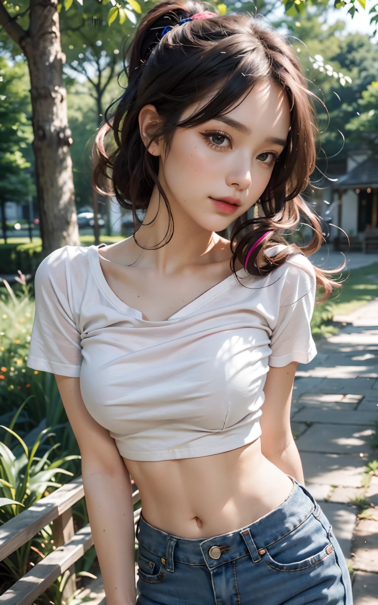 ((huge-breasted, 18 year old, Very small head)), Daylight, Sunlight, (Perfect body : 1.1), (short wavy hair:1.2, dark brown hair, Pink and blue mesh hair, Thin mesh), ((Full body shot)), (spacious white t-shirt, denim short pants), (in the park), (Very detailed CG 8k wallpaper), (extremely delicate and beautiful), (masterpiece), (Best Quality:1.0), (超A high resolution:1.0), (realisitic), beautiful lightning ,Perfect Lightning, Realistic Shadows, (High resolution), Detailed skin, Ultra-detailed, Slim body), (Beautiful hair, Real Hair, detailed hairs, High Ponytail), Fine Collarbone, Beautiful breasts, blush, Photorealistic, Realistic face, Realistic eyes, Small eyes, Cute smile, (((Colorful))), (eye liner), (mascara), (eye shadow), Looking back, angle from back,