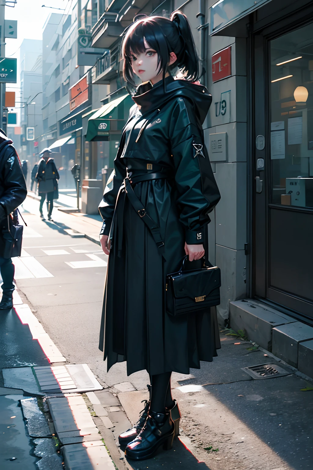Girl in teal hood、NFT art、marks、pop inspo、mirai、Black hair、Black eyes、stamp、Keekinuku、unbalanced、mistic，the lora，1girll，streetview，long  skirt