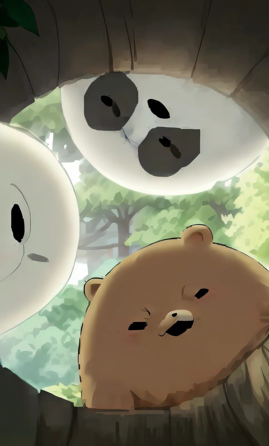 Caricature of a flock of bears in the tree，In the background is a river, Adventure Time Cartoon, In the world of adventure time, cartoon network stillframe, r/awww, panda panda panda, animated episode still, 🐋 as 🐘 as 🤖 as 👽 as 🐳, animated series, Adventure Time, in bamboo forest, anime big breast, 4 0 9 6