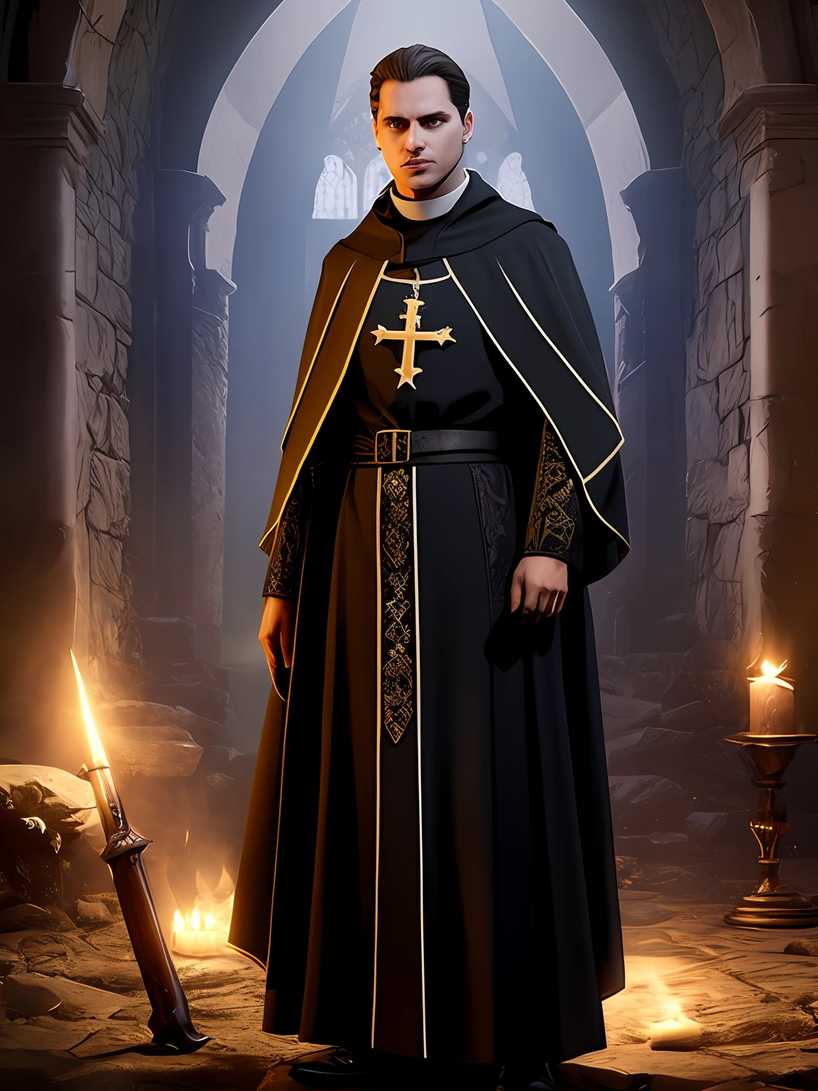 A Catholic exorcist priest in a cassock, jovem de 25 anos para RPG