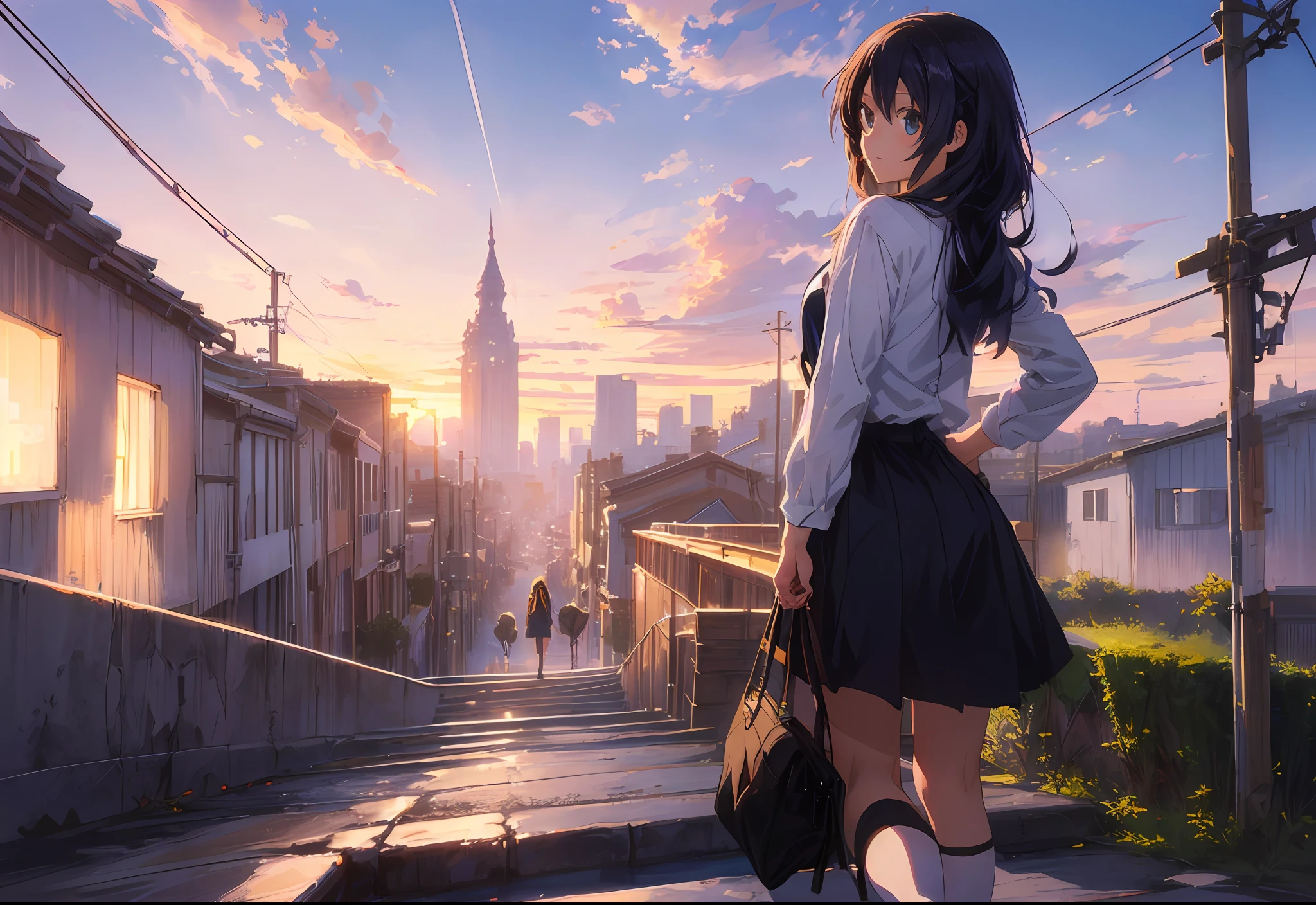 There was a woman sitting on an empty swing, Stulet has long hair、Makoto Shinkai Cyril Rolando, author:Shinkai sincerely. A digital rendering, stairway to heaven, author:Shinkai sincerely!, author:Shinkai sincerely!!, Leads to the sky, Today's featured anime stills,, ( ( author:Shinkai sincerely ) ), swing、from rear、magnificent scale、fisheyelens、1womanl、