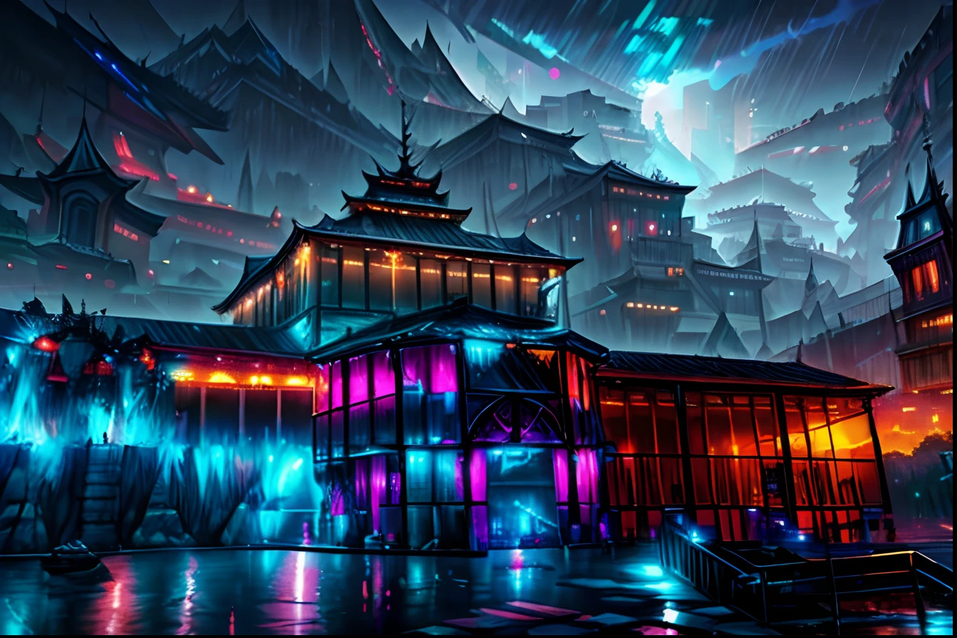 arame,  (lago:1.3), town square, CARROS VOADORES, Lightning and lightning, Futuristic construction, Cyberpunk, Cyberpunk buildings in the background, fundo desfocado, UHD, detalhada