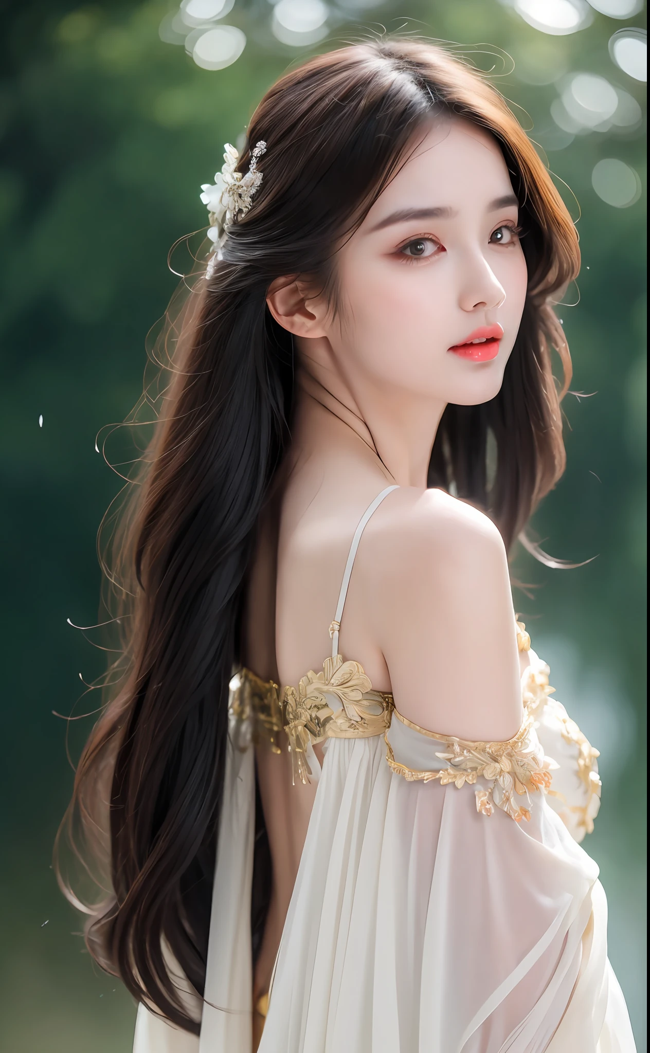 ((Best Quality, 8k, Masterpiece: 1.3)), Focus: 1.2, Perfect Body Beauty: 1.4, Buttocks: 1.2, ((Layered Haircut)), (Wet Clothes: 1.1), (Rain, Street:1.3), (Breasts: 1.2), (Hanfu: 1.2), Bare Shoulders, Bare Legs, Highly Detailed Face and Skin Texture, Fine Eyes, Double Eyelids, Whitened Skin, Long Hair, (Shut Up: 1.5), (Bokeh Background: 1.5), Big Breasts