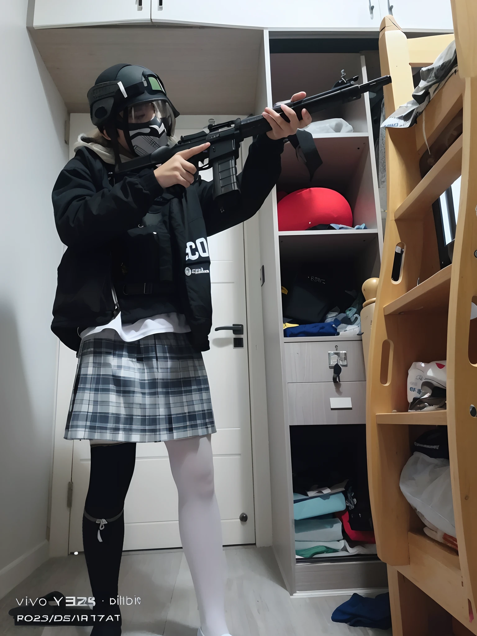 There was a beautiful girl in a kilt with a rifle in the room, Wear tech clothing, wearing a kilt, wearing skirt and high socks, with rifle, , full body wide shot, Full body picture, full body shot of, All ready to fight, JK school uniform, indoor shooting, full body with costume,Cover your face,mouth mask ,Black eyepiece