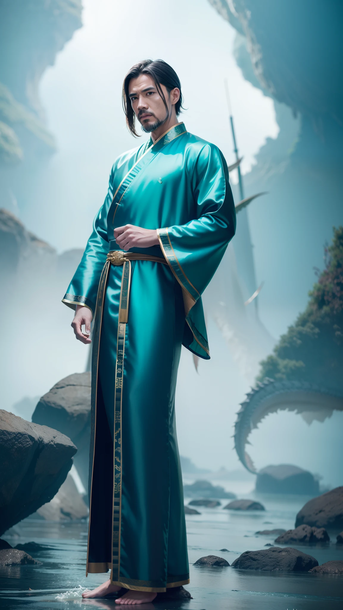 best qualtiy，tmasterpiece，Highest resolution，Realiy，arma，A face that is incredibly real，full bodyesbian，A high resolution，the detail，chineseidol，one male，age 60，Tall guy，Broad shoulders，mid - length hair，Bunched hair，Light beard，Pale cyan eyes，Real eyes and real face，Complicated details，Just look at the audience，（full bodyesbian:0.9），Incredibly chaotic background，Stand on a tornado，There is no sky，Clouded，Realistic and detailed background，详细的脸，hair flowing in the wind，Martial artist，dynamicposes，Fighting posture，and clench your fist，Dragon Theme Costume，Monk's robe，Lots of huge tornado storm background，Filled with swirling floating particles，dynamic compositions，Very light pale green hanfu，Lots of tornadoes，The pale cyan water is flowing，Taoist，immortal，Authentic texture，Dragon Tattoo。