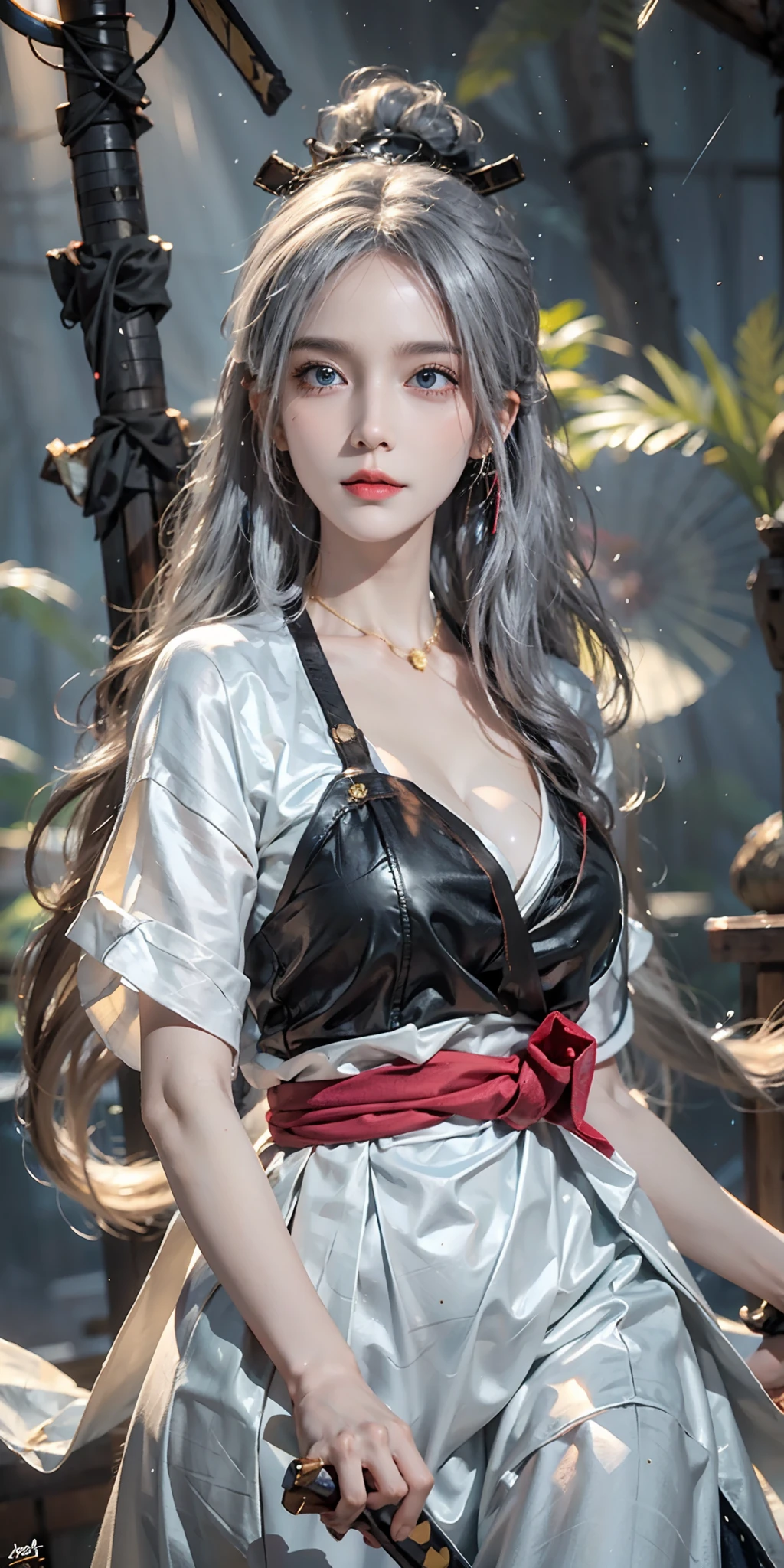 photorealistic, high resolution, soft light,1women, solo, hips up, (detailed face), nami \(one piece\), tattoo, jewelry,long_hair, fireflies, light_particles, pine_tree, snowflake_background, milky_way, aerial_fireworks, headdress, arms behind body, blue_eyes, katana