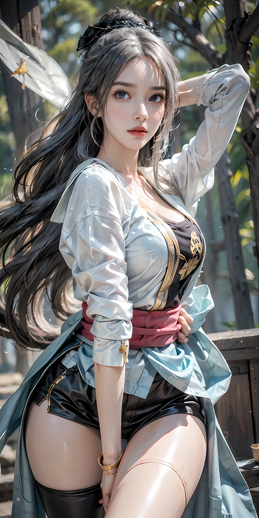 photorealistic, high resolution, soft light,1women, solo, hips up, (detailed face), nami \(one piece\), tattoo, jewelry,long_hair, fireflies, light_particles, pine_tree, snowflake_background, milky_way, aerial_fireworks, headdress, arms behind body, blue_eyes, katana
