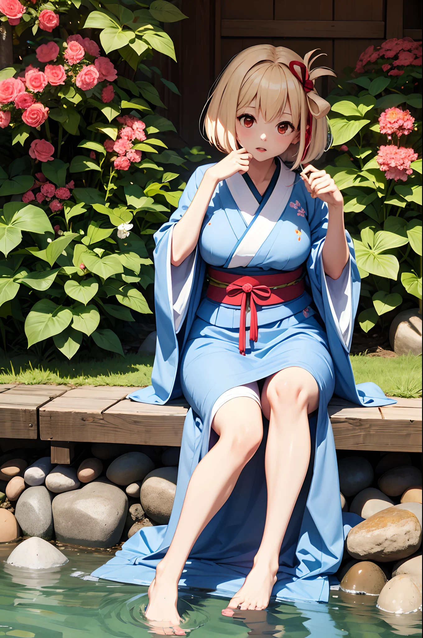 Alaf in blue kimono sitting on the ground with red flowers, Colossal tits、in a kimono, in a kimono, Wearing kimono, Wearing a kimono, japanese kimono, bath robe, wearing a haori, Kimono, classy yukata clothing, Hanfu, zora々Shishi Japan of Girls, Komono, palatial palace , a girl in hanfu, wearing royal kimono, traditional japanese、Panchira、Chilarism、bare-legged、pantie shot、Senri, Short hair, Bangs, Blonde hair, (Red Eyes:1.5), Hair Ribbon, One side up, bob cuts,