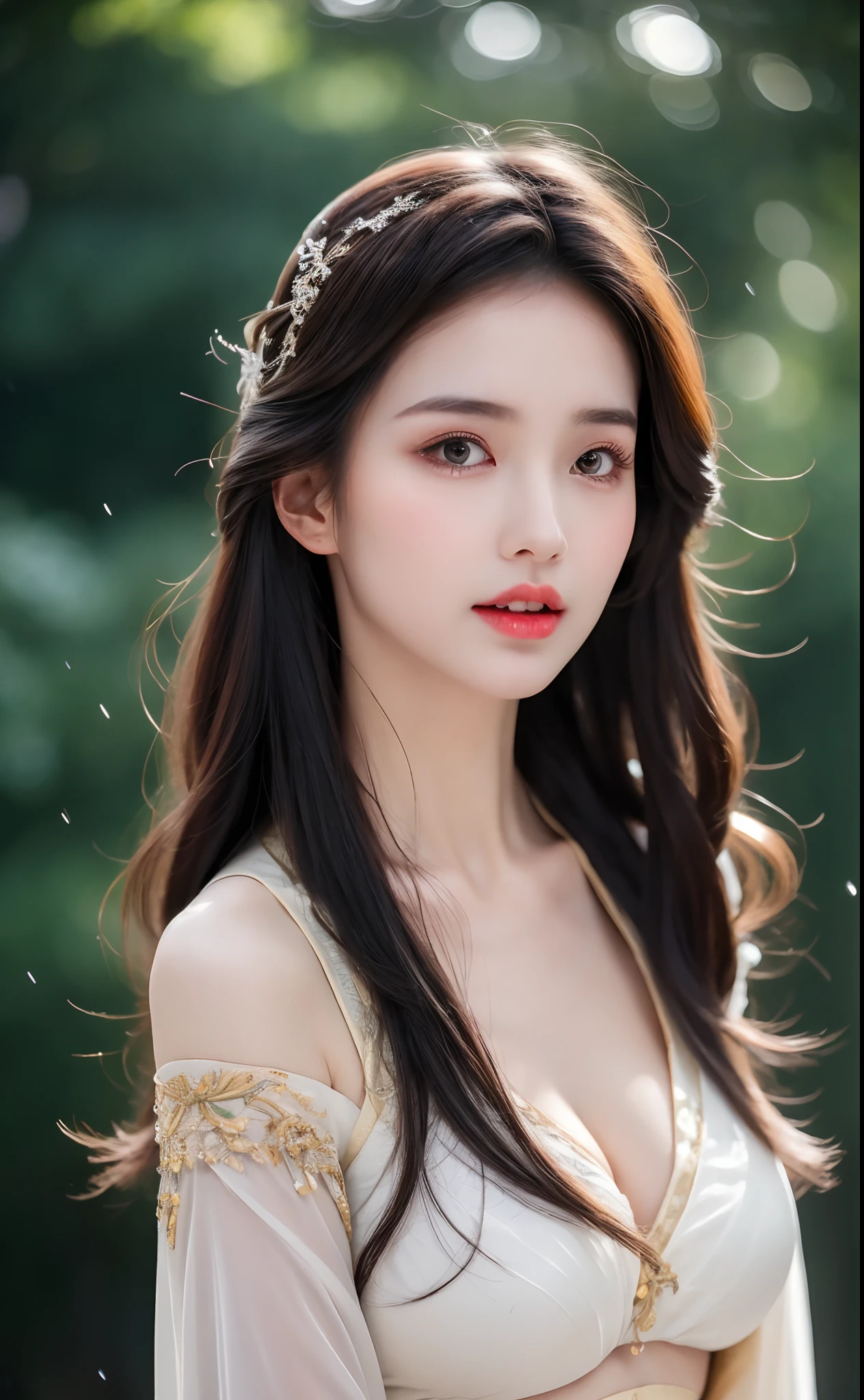 ((Best Quality, 8k, Masterpiece: 1.3)), Focus: 1.2, Perfect Body Beauty: 1.4, Buttocks: 1.2, ((Layered Haircut)), (Wet Clothes: 1.1), (Rain, Street:1.3), (Breasts: 1.2), (Hanfu: 1.2), Bare Shoulders, Bare Legs, Highly Detailed Face and Skin Texture, Fine Eyes, Double Eyelids, Whitened Skin, Long Hair, (Shut Up: 1.5), (Bokeh Background: 1.5), Big Breasts