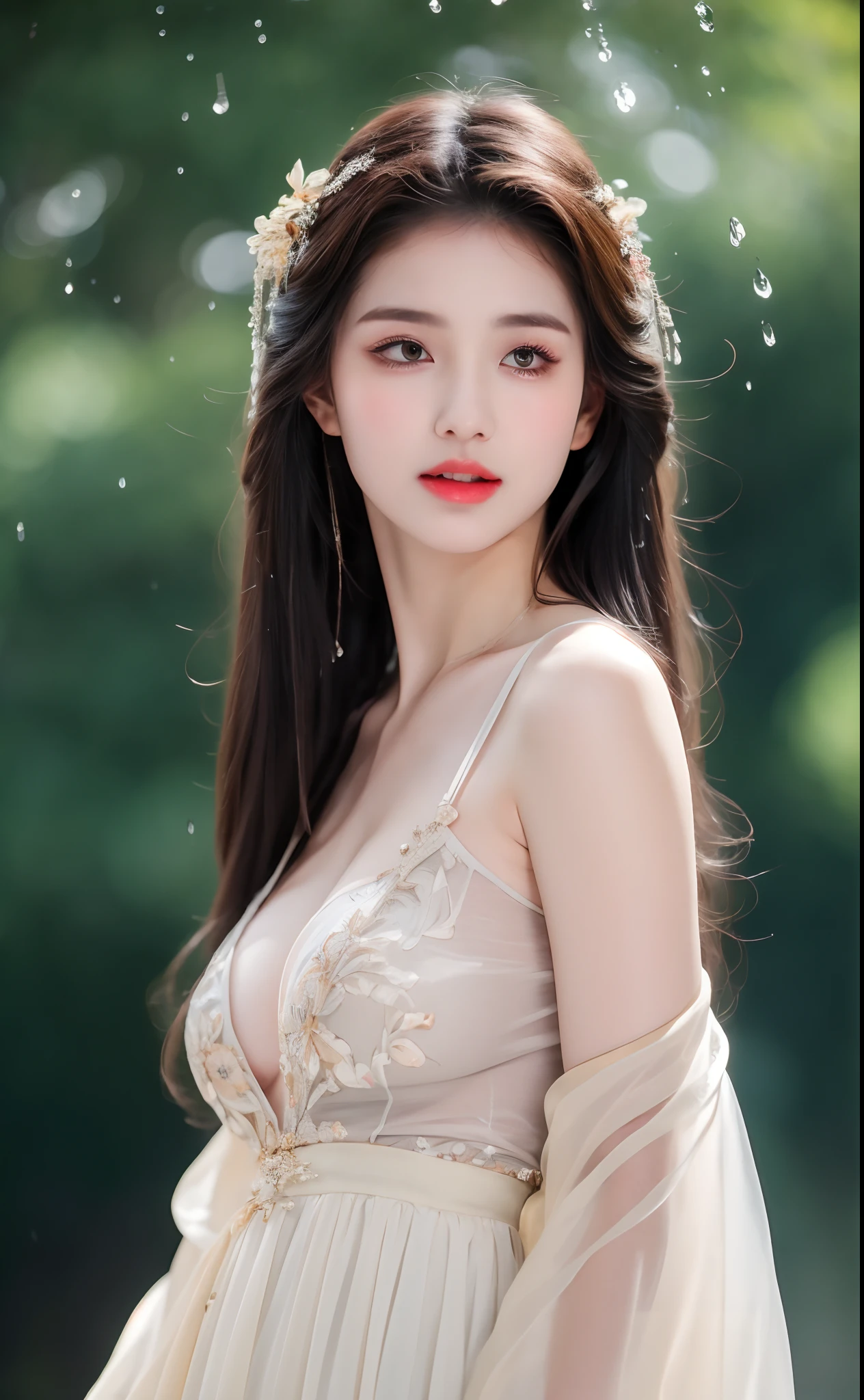 ((Best Quality, 8k, Masterpiece: 1.3)), Focus: 1.2, Perfect Body Beauty: 1.4, Buttocks: 1.2, ((Layered Haircut)), (Wet Clothes: 1.1), (Rain, Street:1.3), (Breasts: 1.2), (Hanfu: 1.2), Bare Shoulders, Bare Legs, Highly Detailed Face and Skin Texture, Fine Eyes, Double Eyelids, Whitened Skin, Long Hair, (Shut Up: 1.5), (Bokeh Background: 1.5), Big Breasts