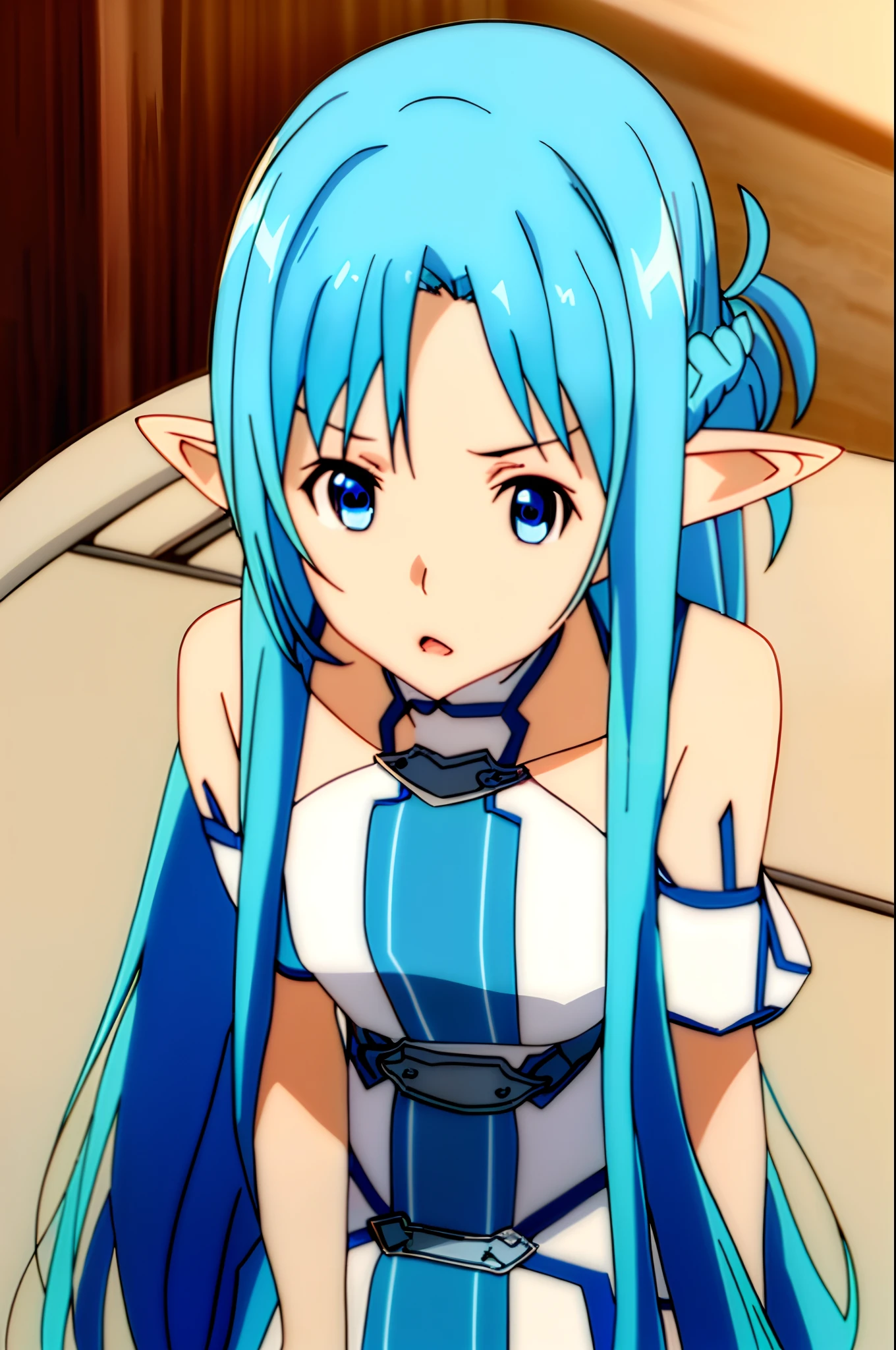 masterpiece, best quality, asuna alfheim, 1girl, solo, long hair, blue hair, blue eyes, skirt, blue thighhighs, pointy ears, upper body, looking at viewer, sitting, bed, indoor