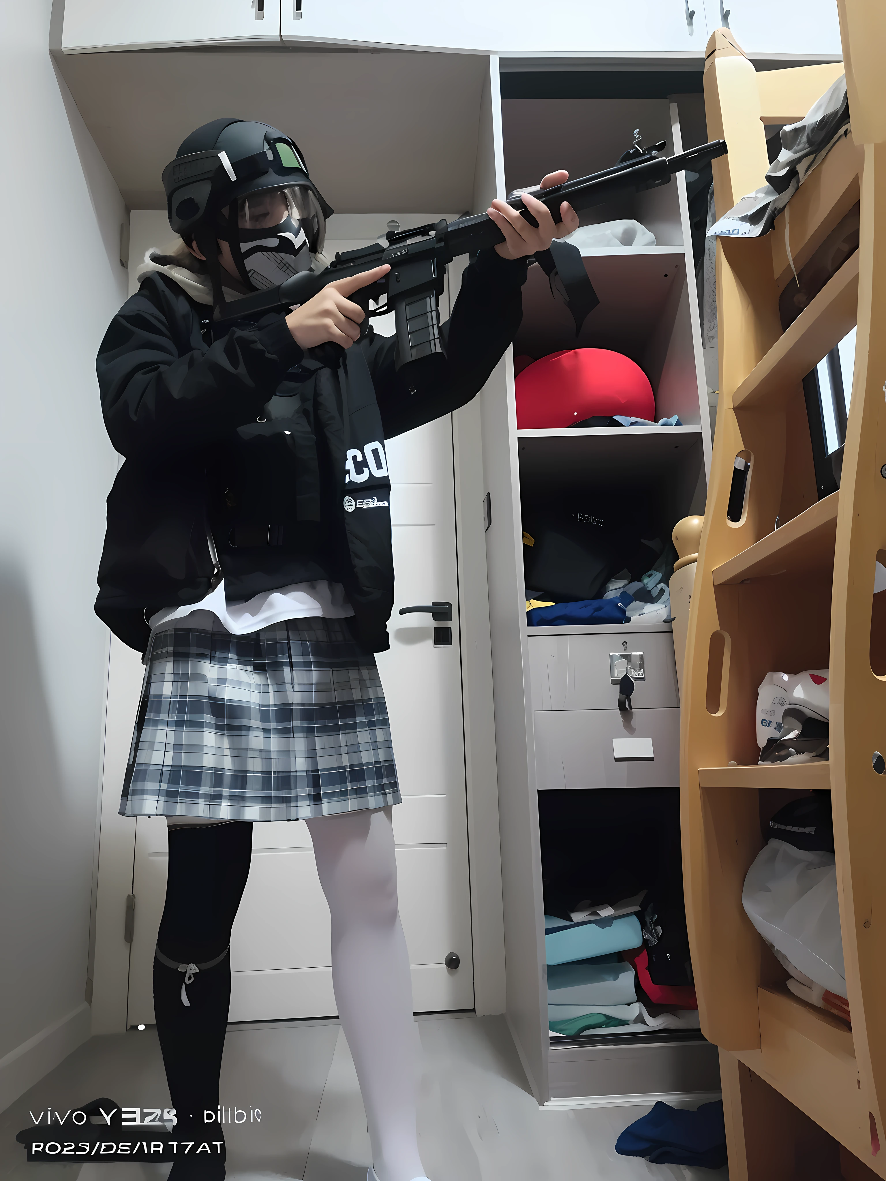 There was a beautiful girl in a kilt with a rifle in the room, Wear tech clothing, wearing a kilt, wearing skirt and high socks, with rifle, , full body wide shot, Full body picture, full body shot of, All ready to fight, JK school uniform, indoor shooting, full body with costume,Cover your face，mouth mask ，Black eyepiece