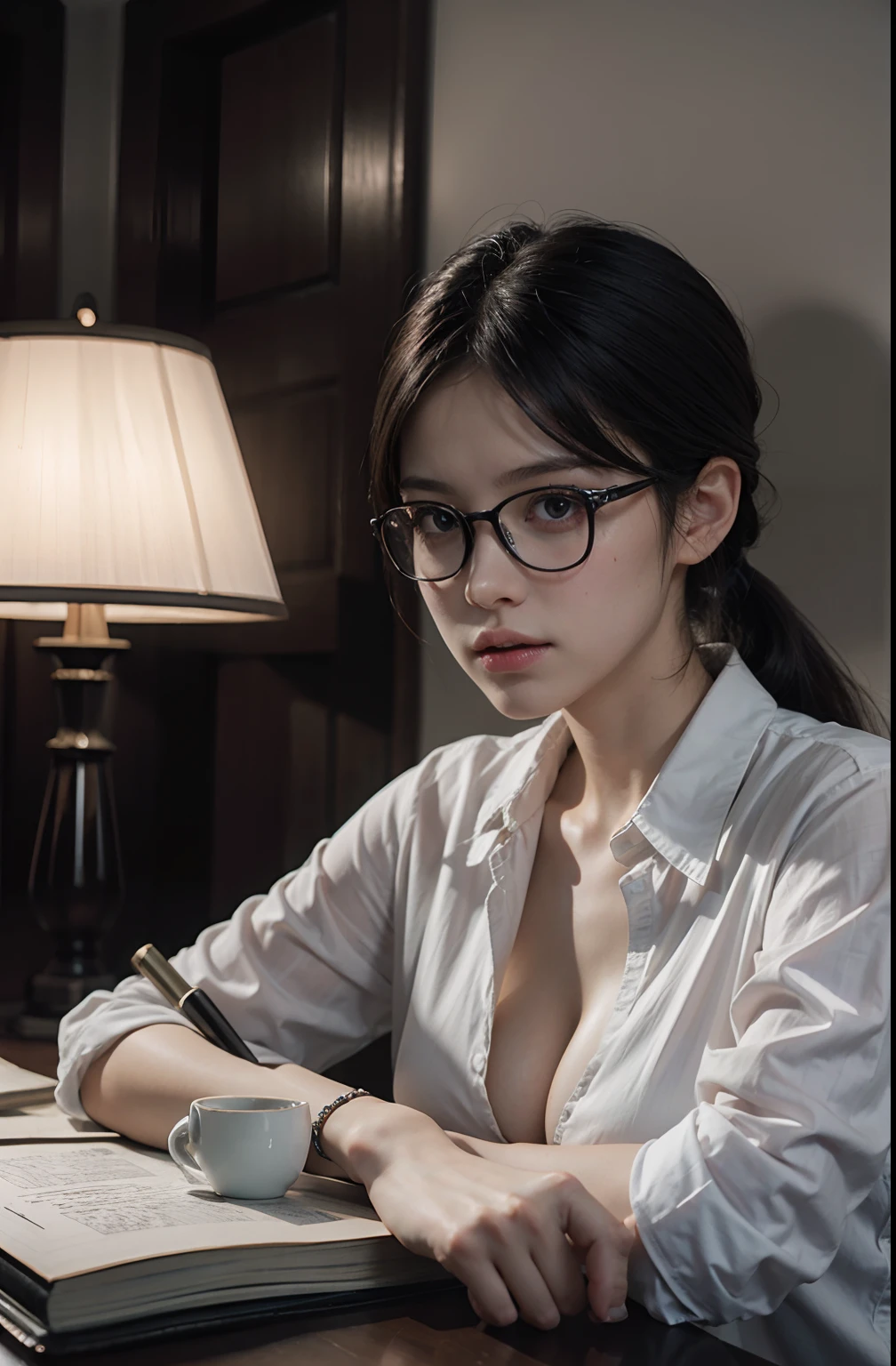 20 yo woman, black hair, short ponytail, thin frame glasses, thinking face, (wearing opened button shirt,medium breasts with cleavage), sitting, studying, BREAK, lying hand on table, holding pencil, opened book, books, a cup off milk, table lamp, BREAK, in living room, wall decor, mini library, glass window, wall clock,BREAK, cinematic light, photorealistic, masterpiece, best quality, complex CG, high detailed face, high detailed eyes,