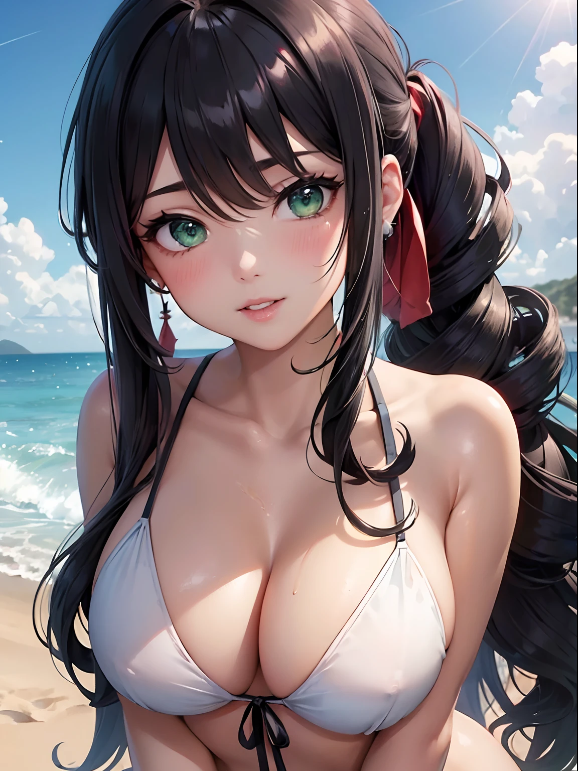 NFSW, 1 Lady, Face, (((1 Lady:1.37, Solo))), (((Extreme close-up of the face))), (Beautiful face, Cute face, Detailed face, grinning evily), BREAK, ((( Black hair, Semi-long hair, Hair pulled back, Wavy Hair. poneyTail))), (((Detailed beautiful green eyes,))), BREAK, (((Sunny))), (((in beach))), BREAK, blazing, Shiny skin, extremely detailed CG unified 8k wallpaper, very fine 8KCG wallpaper, anime moe art style, Anime visuals of cute girls, anime style portrait, In an anime style, Beautiful anime, 8K Anime Art Style, In anime style、8K animation with detailed drawings, (masterpiece, Best Quality), High resolution, Ultra-detailed, ultra-sharp, Cinematic lighting