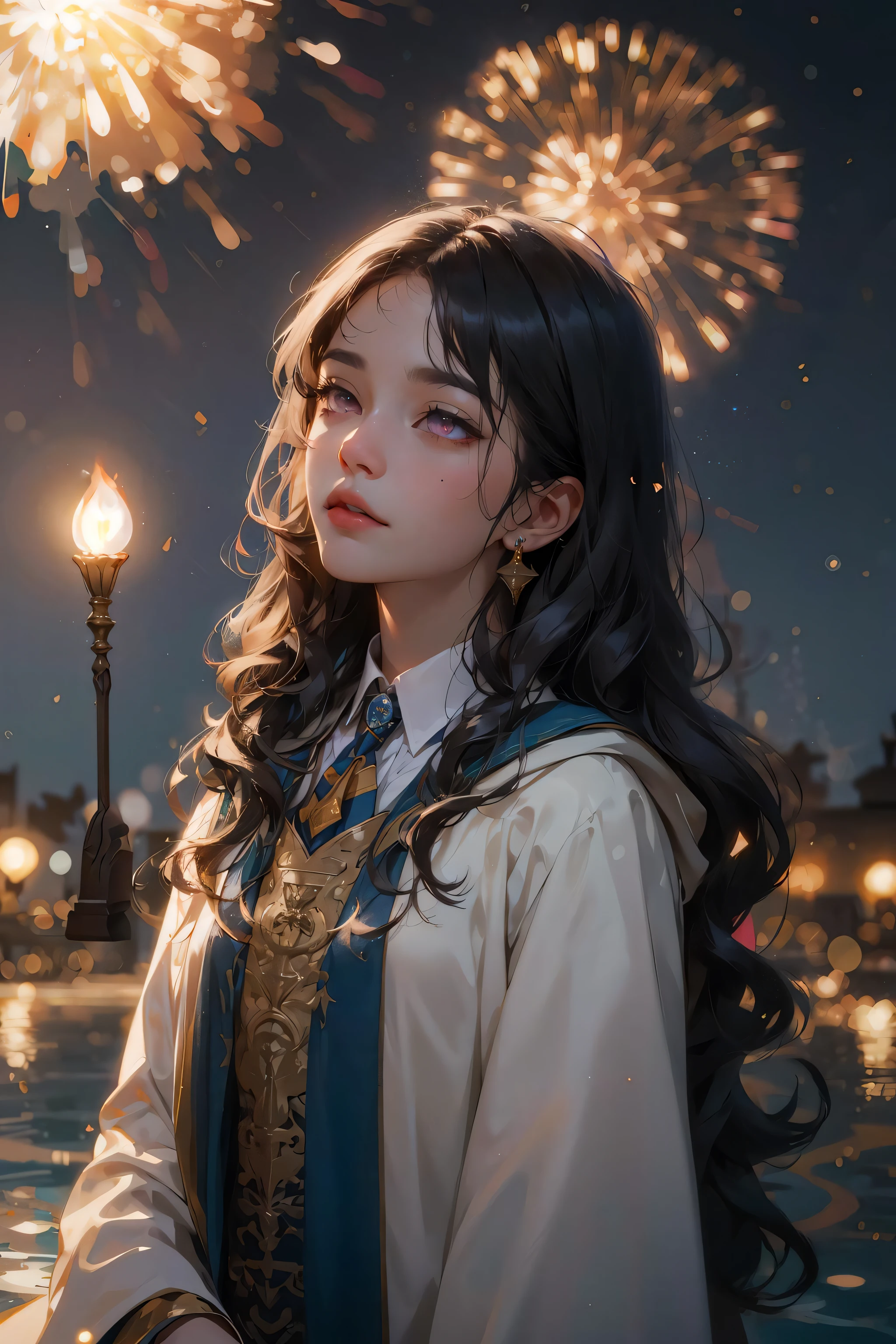 (absurdres, highres, ultra detailed), 1woman, mature female, aged up, wavy long hair, gradient hair, pink eyes, bangs, long sleeves, finely detailed eyes and detailed face, extremely detailed CG unity 8k wallpaper, intricate details, looking down, solo, half shot, detailed background, detailed face, (Hogwarts theme:1.1), Hogwarts student, concentrating, (ravenclaw:1.1), magical amulet, robe, (style-swirlmagic:1.0), controlling water, spiral water, stream of water, quidditch pitch in background, night sky, fireworks, golden snitch, ethereal atmosphere, backlighting,, portrait