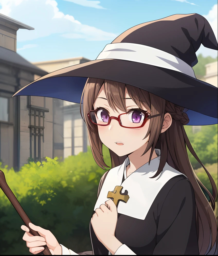 1girl, solo, (priest clothes: 1.5), hat, holding jewelry staff, outdoors, cumulonimbus calvus, depth of field, (masterpiece:1.2, best quality), glasses, rim-less eyewear, witch dress, Alicia isekai ojisan, brown hair, violet eyes,