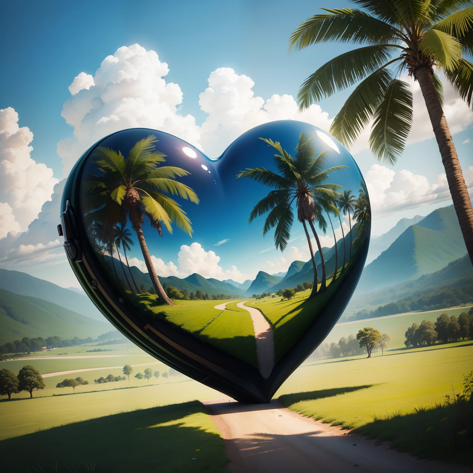 Landscape painting with heart in palm