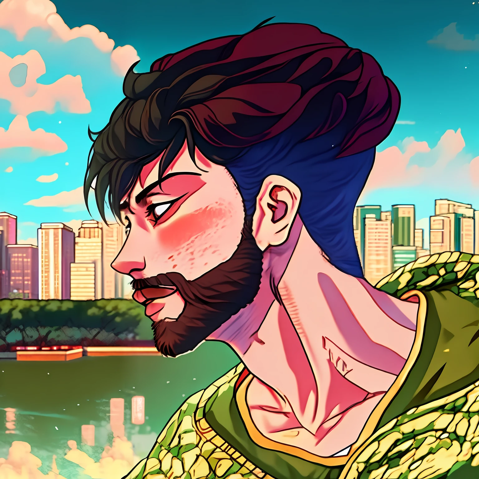anime man with beard and mustache in front of a city skyline, anime portrait of a handsome man, kentaro miura manga art style, kentaro miura art style, digital anime illustration, kentaro miura manga style, anime handsome man, inspired by Kentaro Miura, anime style portrait, kentaro miura style, manga style of kentaro miura