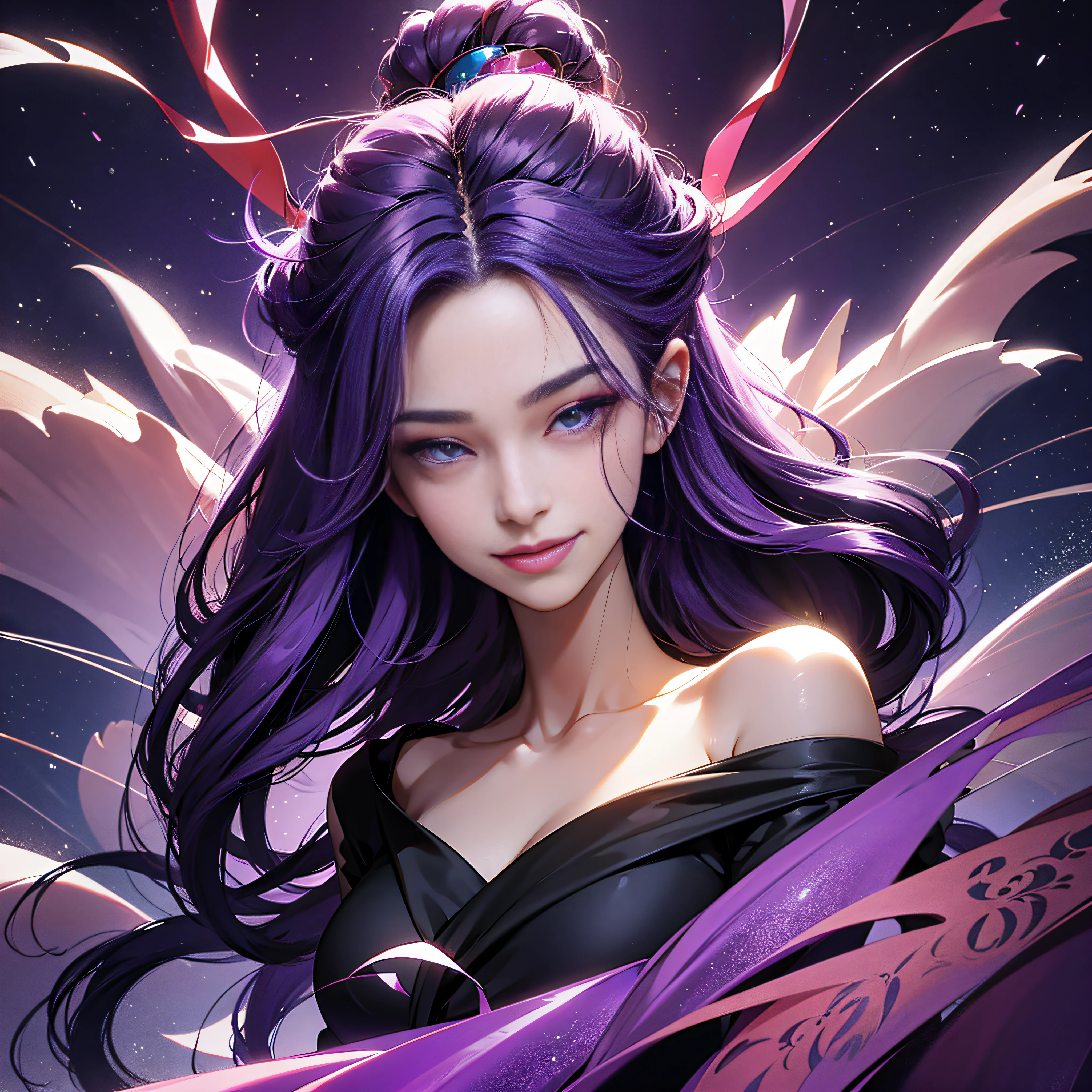 Spider Lady, purple hair, long hair, kanzashi, light smile, star-shaped pupils, anime, cinematic lighting, UHD, award winning --auto