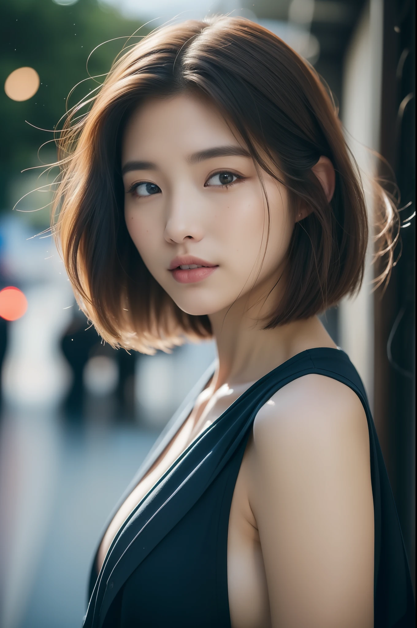 ((Best Quality, 8k, Masterpiece:1.3)), Focus:1.2, Perfect Body Beauty:1.4, Buttocks:1.2, ((Layered Haircut, Breasts:1.2)), (Wet Clothes:1.1) , (Rain, Street:1.3), Occupation:1.1, Highly detailed face and skin texture, Fine eyes, Double eyelids, Whitened skin, Long hair, (Shut up: 1.3)