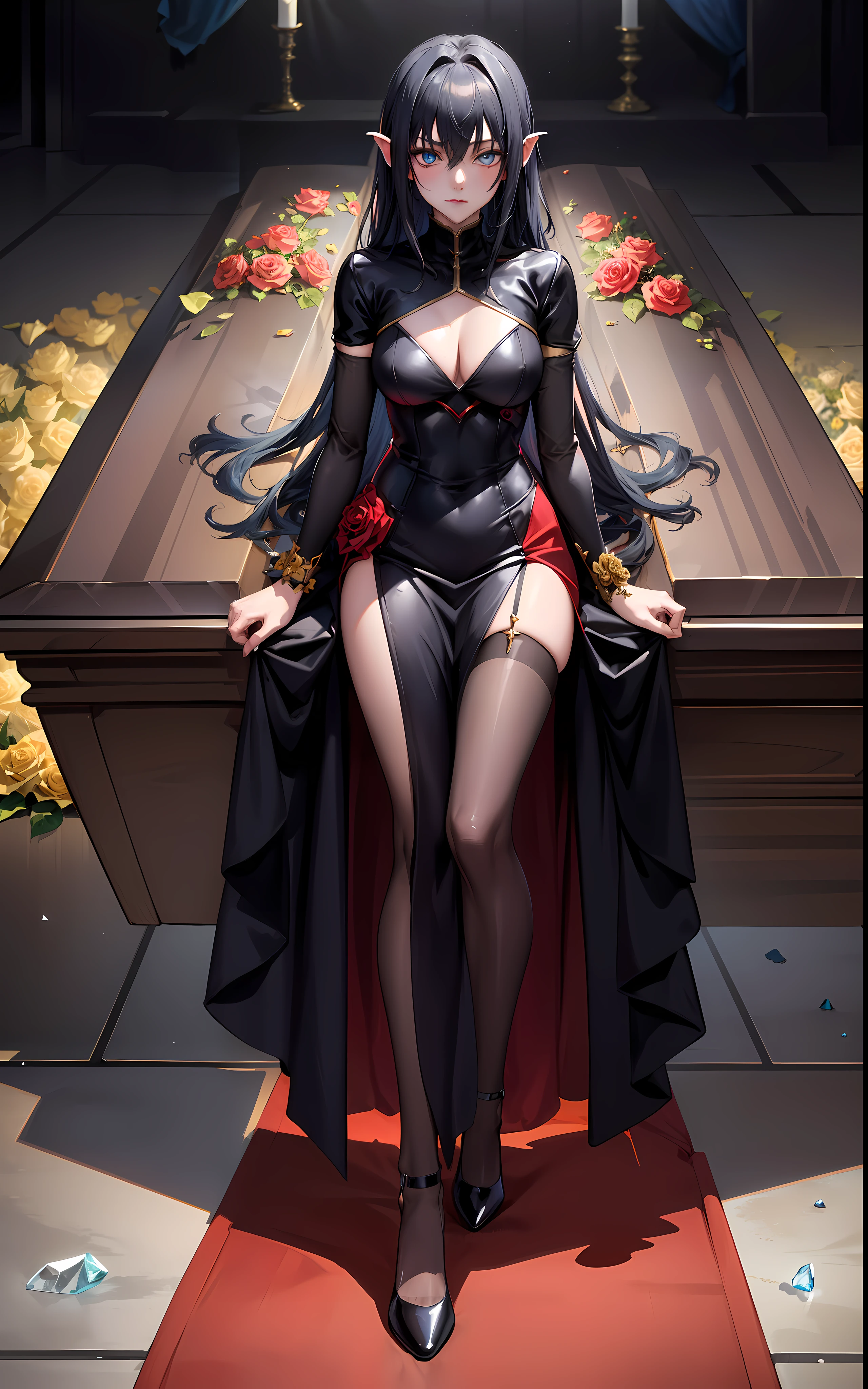 (((transparent vampire coffin with closed lid))) , (long coffin), girl locked in the coffin, seabed in the background, ((crystal)), gold cross, golden details, roses inside the coffin, rose thorns, ocean in the background, moonlight, coffin submerged in the sea, closed coffin with glass walls, closed lid, (((sarcophagus))), 1girl, adult woman, black hair, long hair, blue eyes, black victorian dress, flowing elegant dress, inside a coffin made of glass, full body inside coffin, perfect detailed eyes, perfect detailed face, detailed eyes, perfect eyes, ((((masterpiece)))), ((full body)), annerose, yellow glowing eyes, highres, ultra detailed eyes. (solo:1.4)