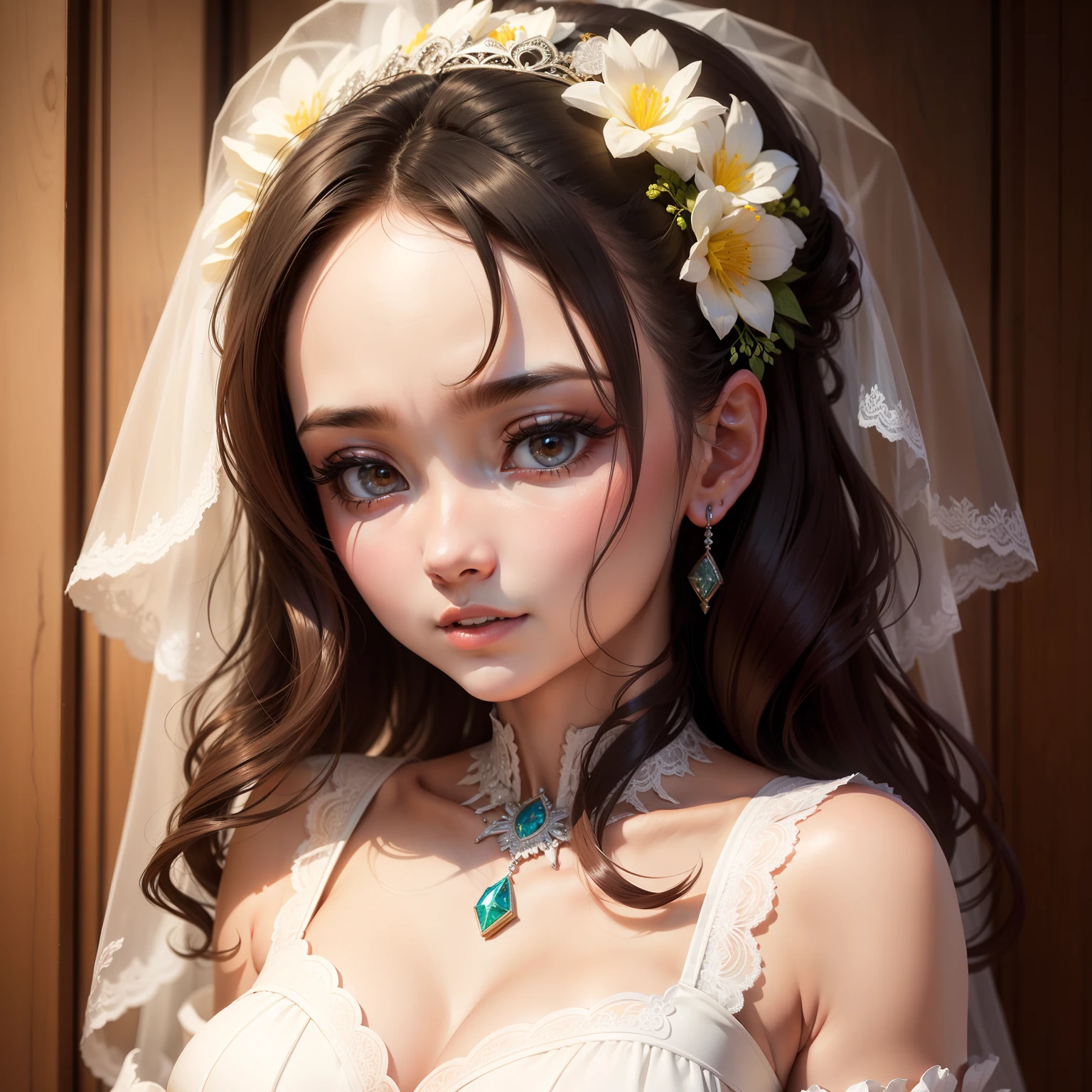 (masutepiece: 1.3), (max resolution: 1.2), (Ultra HDTV: 1.2), cinematric light, 8K resolution,
Detailed eyes and skin, detailed facial features, , (Sharp Focus: 1.2), (Focus on Face:1.2),Perfect Style, Beautiful face, acurate, Anatomically correct, Highly detailed face and skin texture, Detailed eyes, Double eyelids, Thin eyebrows, Glitter Eyeliner: 1 Natural cheeks, Glossy skin, Fair skin: 1.2, (Glossy lips: 1.4),、 (Shy look: 1.2),Highly detailed facial and skin texture, Detailed eyes, Double eyelids, Natural cheeks, , shiny lips: 1.4,Exposed cleavage、(A large amount of sperm in the chest:1.4)(Large amount of sperm in the thighs:1.2)、
red blush、humiliated、impatience、dismay、Frightened、glares、Tears、embarrassed from、Open knees、open one's legs、Masturbation behavior、masturbation、rubbing the genitals with fingers,,,,,、
White underwear、White bra、Shiny little earrings and necklaces、、Disheveled clothes、Dressing、Exposed panties、Wearing sweat、sodden、Sheer underwear、
25 years old, Neat and clean woman 、Wavy Hair、 Semi-long hair, Big, upturned breasts, Sitting on the floor, chies、Golden hair、Green ash eye,(weddingdress:1.5)、veils、