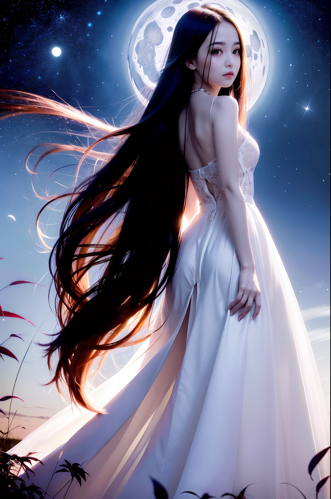 In the dark，A long-haired beauty standing in the towering grass，Wearing a white transparent lace dress,Long hair is blown up by the wind，Place one hand behind your ear，，Under the moonlit starry sky，extreme light，Outstanding light and shadow，in wonderland。Very realistic，Realisticstyle，