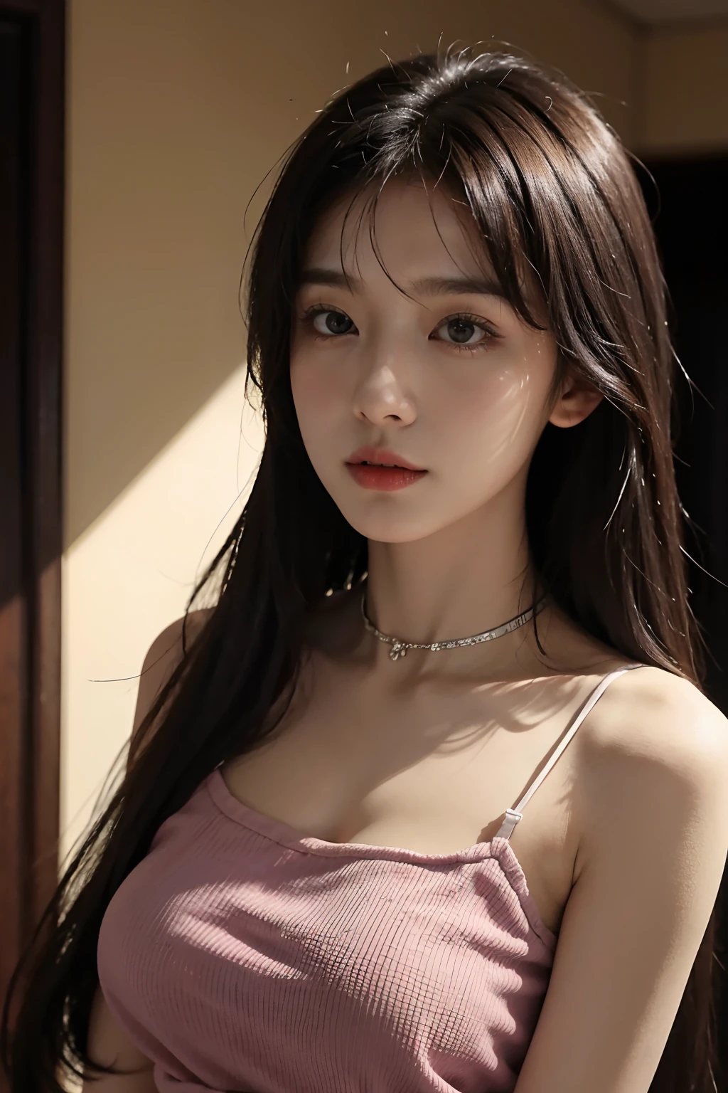 best qualtiy,Original,tmasterpiece,超高分辨率,s girl,Draped with hair,choker necklace,camisole,medium boob,夏天,城市,heal