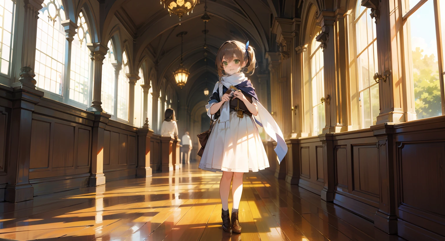 Little age girl,Green eyes,White scarf,Brown side ponytail,Eyes widened,darkened room,Contre-Jour,Ray traching,A hint of gold,Clocks that hang densely on the wall,Perspective drawing